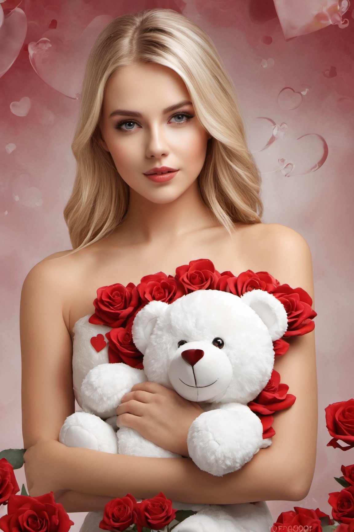 Text ""be my Valentine"" Beautiful blonde model girl with beautiful body, sensual clothes, perfect skin, carrying a white teddy bear, red 3D hearts, large dark red roses and a large luminous glass heart with colorful roses, watercolor, Art Station trend, sharp focus, studio photography, intricate details, highly detailed. HD 3d rendering, poster, typography, illustration, 3d rendering, 3d rendering, poster, typography, illustration, photo