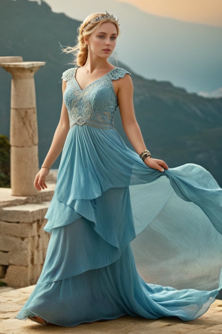 masterpiece, best quality, photorealistic, ultra detailed, fine details, high resolution, 8k wallpaper, professional, high level of detail, (focused sharp piece, (((full figure visible full body greek goddess))), blonde hair, large depth of field, full body photo (beautiful goddess from Greek mythology), fantasy landscape ))), soft colors, ((( lace mesh, exotic dress, intricately celestial, (fitted to her body) , (showing the beauty of her body), crown, bracelets, (beautiful face), (detailed eyes), detailed luscious lips, perfect hands, detailed fingers, defined nails), (real skin texture), (perfect teeth), (in a temple of worship), with incense, smoke, worshiping the sun, bright and realistic sunlight, sun glare, soft and hyper detailed green and blue colors (8k, 4k quality, art teacher), cinematic (best quality) , (realistic skin texture), beautiful goddess face, detailed lips, sharp eyes, perfect body,