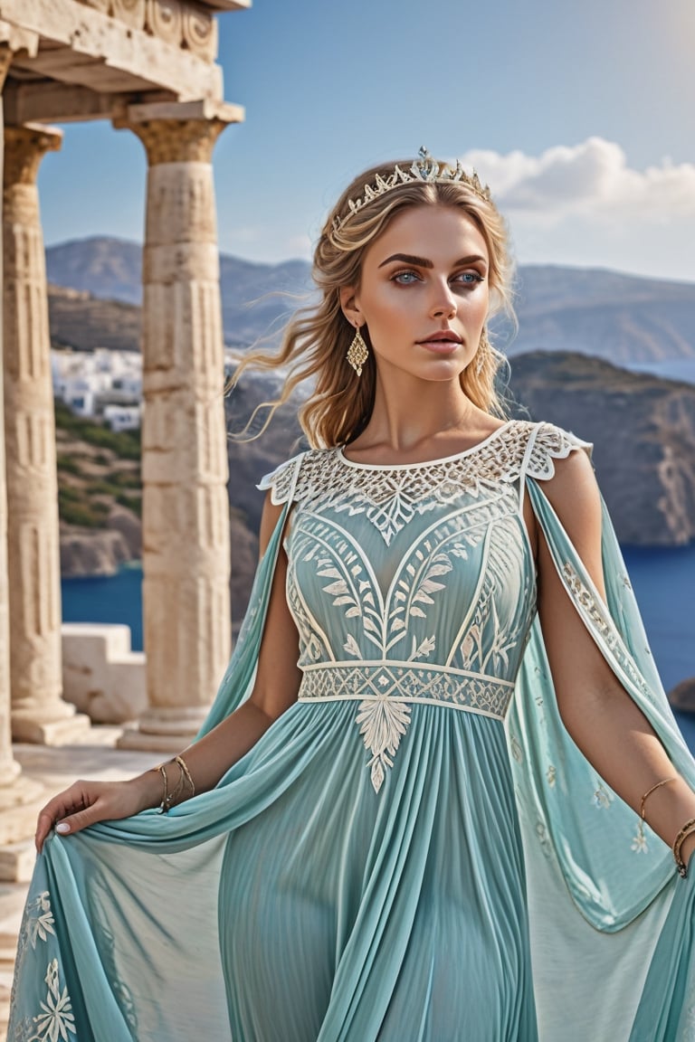 masterpiece, best quality, photorealistic, ultra detailed, fine details, high resolution, 8k wallpaper, professional, high level of detail, (focused sharp piece, (((full figure visible full body greek goddess))), blonde hair, large depth of field, full body photo (beautiful goddess from Greek mythology), fantasy landscape ))), soft colors, ((( lace mesh, exotic dress, intricately celestial, (fitted to her body) , (showing the beauty of her body), crown, bracelets, (beautiful face), (detailed eyes), detailed luscious lips, perfect hands, detailed fingers, defined nails), (real skin texture), (perfect teeth), (in a temple of worship), with incense, smoke, worshiping the sun, bright and realistic sunlight, sun glare, soft and hyper detailed green and blue colors (8k, 4k quality, art teacher), cinematic (best quality) , (realistic skin texture), beautiful goddess face, detailed lips, sharp eyes, perfect body,