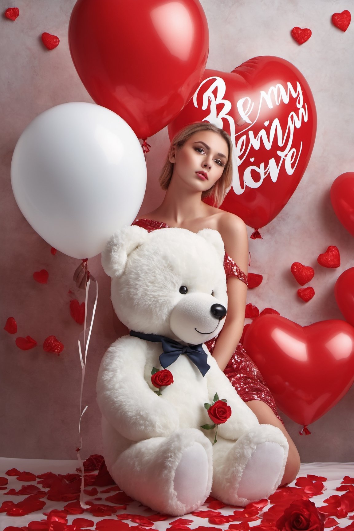 showing a balloon with 3D Text ""be my Valentine"" Beautiful blonde model girl with beautiful body, sensual clothes, perfect skin, carrying a white teddy bear, celebrating Valentine's Day, 3D red hearts, big colored roses dark red and a large luminous glass heart with colorful roses, watercolor, Art Station Trend, sharp focus, studio photography, intricate details, highly detailed.