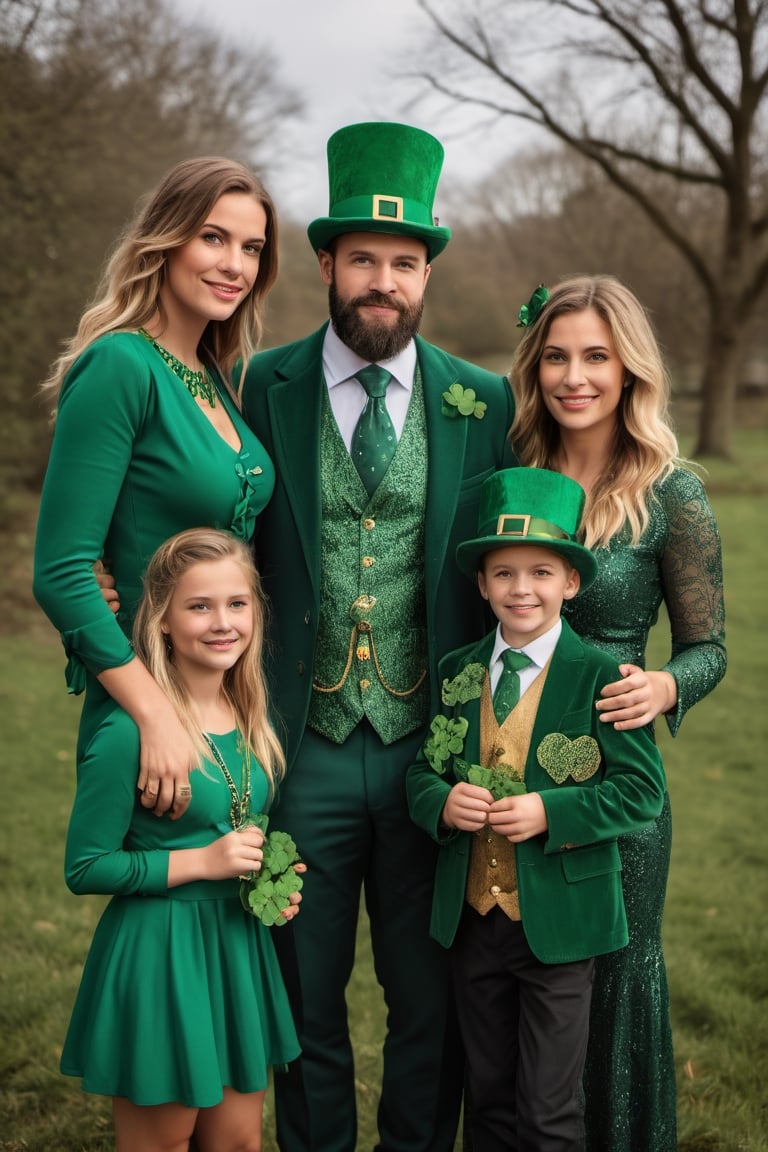 ((masterpiece)),((best quality)),((high detail)),((realistic,)).(((sharp focus))), ((sharp professional photo)),((wide angle shot ) ), Celtic family of dad, mom and their two children, realistic professional photography, (((celebrating St. Patrick's Day))), ((clear and defined faces)), ((full body and face in focus) ), green top hat, with gold buckle, green Celtic clothing with gold, defined teeth, defined lips, detailed hands and fingers, sharp eyes, ((scene with four-leaf clover vegetation)), which takes place in an environment Vibrant Celtic landscape, during the day. The scene is meticulously rendered in high resolution, highlighting the finest details. Captured in a majestic style, the composition features a wide shot that beautifully encompasses the natural play of light, adding a touch of authenticity to the moment. (natural light), ((high depth of field)), 8k, 4K, HDR.(((perfect image))), sharp and detailed eyes, natural beauty, high depth of field, 8k, 4K, HDR. high image quality, (((winning photo))). 8k UHD, DSLR, photorealistic, masterpiece, best quality, depth field, edge light, ((film photography)), ((focus on it)), high quality, film grain, Fujifilm XT3, HD, clear , rebhanna