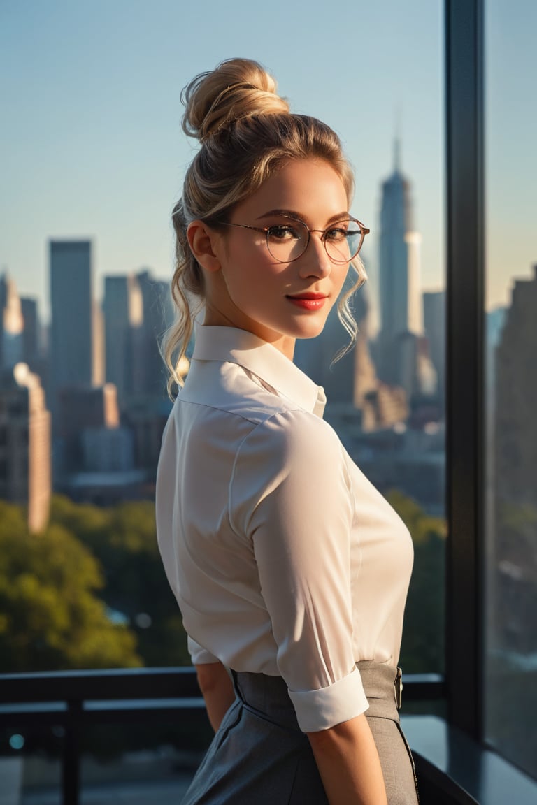 A 30-year-old woman's captivating beauty shines as she stands poised beside a window-framed cityscape at dusk, her gaze drifting inward with a gentle smile. Her blonde curls are swept up in a ponytail, framing her face. A crisp white collared shirt and fitted gray skirt convey confidence and poise, while stylish glasses add a touch of sophistication. Soft, natural light casts warm shadows, highlighting the vibrant colors and subtle shading of the cityscape as she steps into the modern metropolis.