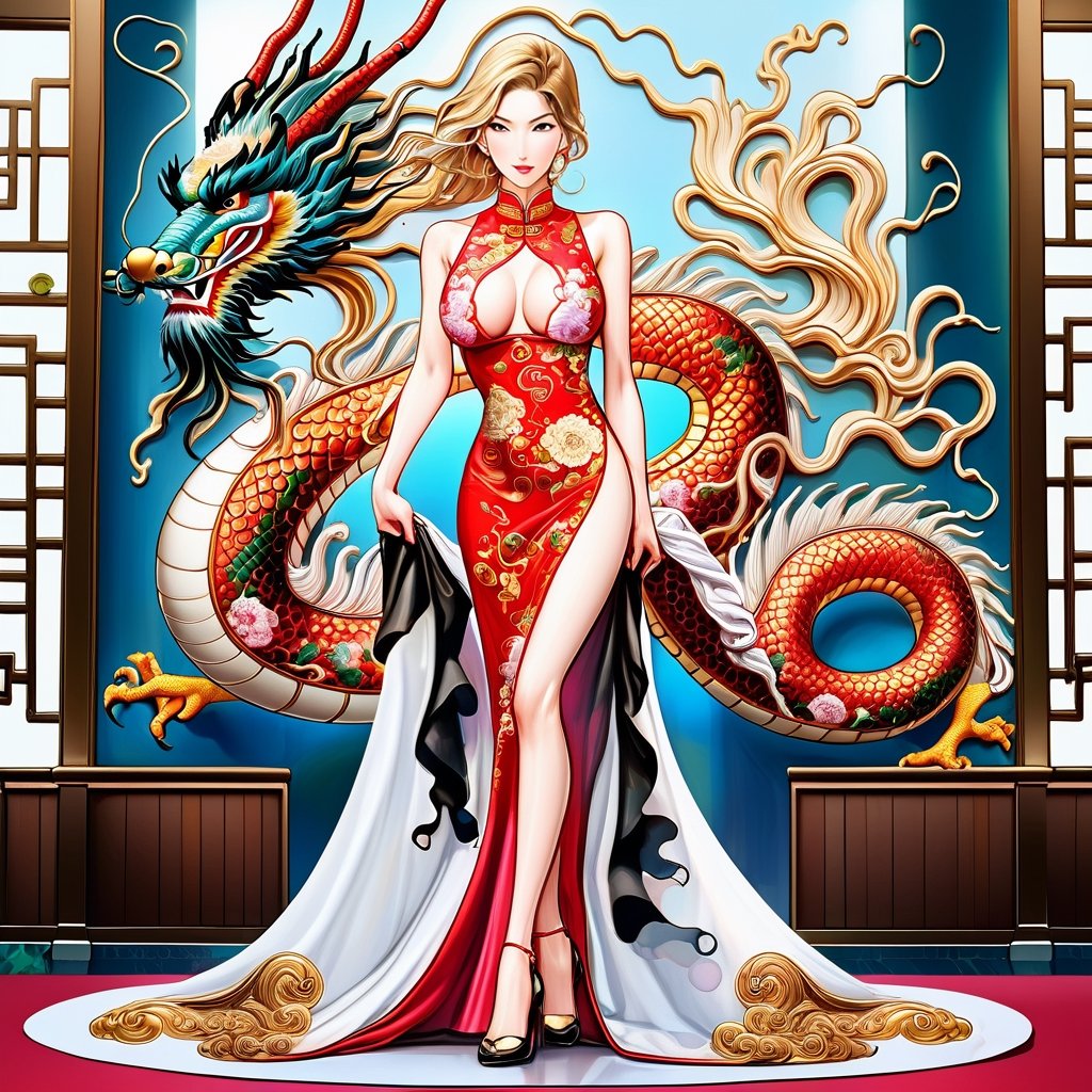  oriental dragon,(girl:1.5),(China dress),(China dress),breast,1 girl, Rosamund Pike inspired, fashion model, tall and thin, thin bra, beauty, blond hair, C cup, big breasts, slender legs, luxury HALL OF wedding ceremony background, wedding dress