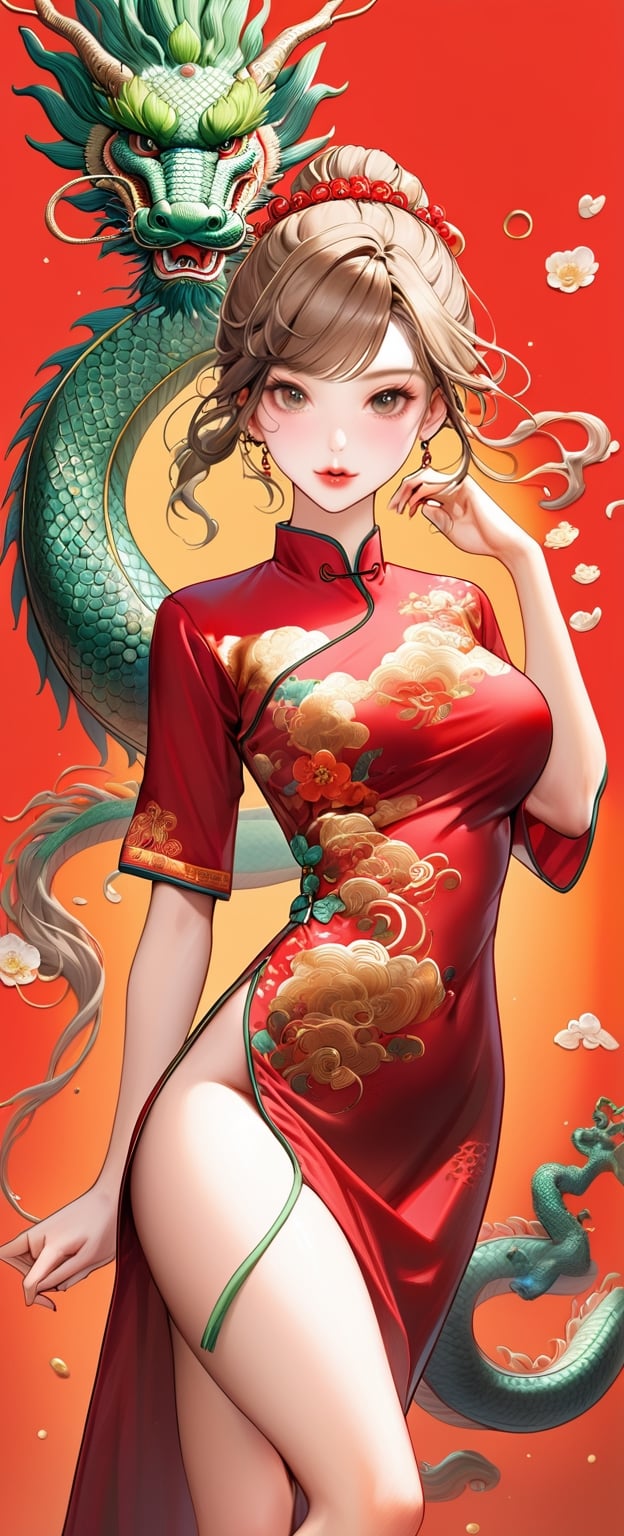  FULL BODY PHOTOSHOOT, oriental GREEN dragon,(girl:1.5),(China dress),(China dress),breast,(cowboy shot portrait:1.3), (wavy ponytail short hair with bangs:1.2), (beautiful light brown thin hair:1.3), (hime cut bangs:1.5), a stunning beautiful woman, (looking at the viewer:1.3), BREAK, ((dragon dance:1.5)), (looking at the viewer:1.3), (standing with arms behind back:1.4), BREAK, masterpiece, best quality, highres, baeautiful aesthetic, 1girl, JAPANESE hot model, (smile:0.6), wearing ((red cheongsam dress:1.3)), (narrow waist:1.3), (thin legs:1.3), professional gravure photo, parted lips, glossy juicy lips, pink lips,