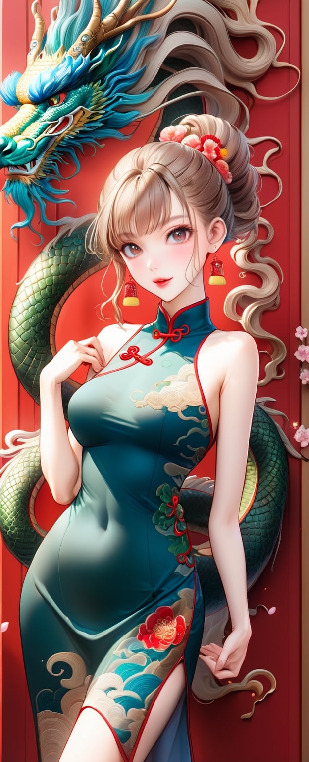  FULL BODY PHOTOSHOOT, oriental GREEN dragon,(girl:1.5),(China dress),(China dress),breast,(cowboy shot portrait:1.3), (wavy ponytail short hair with bangs:1.2), (beautiful light brown thin hair:1.3), (hime cut bangs:1.5), a stunning beautiful woman, (looking at the viewer:1.3), BREAK, ((dragon dance:1.5)), (looking at the viewer:1.3), (standing with arms behind back:1.4), BREAK, masterpiece, best quality, highres, baeautiful aesthetic, 1girl, JAPANESE hot model, (smile:0.6), wearing ((red cheongsam dress:1.3)), (narrow waist:1.3), (thin legs:1.3), professional gravure photo, parted lips, glossy juicy lips, pink lips,