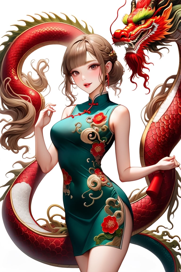  FULL BODY PHOTOSHOOT, oriental GREEN dragon,(girl:1.5),(China dress),(China dress),breast,(cowboy shot portrait:1.3), (wavy ponytail short hair with bangs:1.2), (beautiful light brown thin hair:1.3), (hime cut bangs:1.5), a stunning beautiful woman, (looking at the viewer:1.3), BREAK, ((dragon dance:1.5)), (looking at the viewer:1.3), (standing with arms behind back:1.4), BREAK, masterpiece, best quality, highres, baeautiful aesthetic, 1girl, JAPANESE hot model, (smile:0.6), wearing ((red cheongsam dress:1.3)), (narrow waist:1.3), (thin legs:1.3), professional gravure photo, parted lips, glossy juicy lips, pink lips,