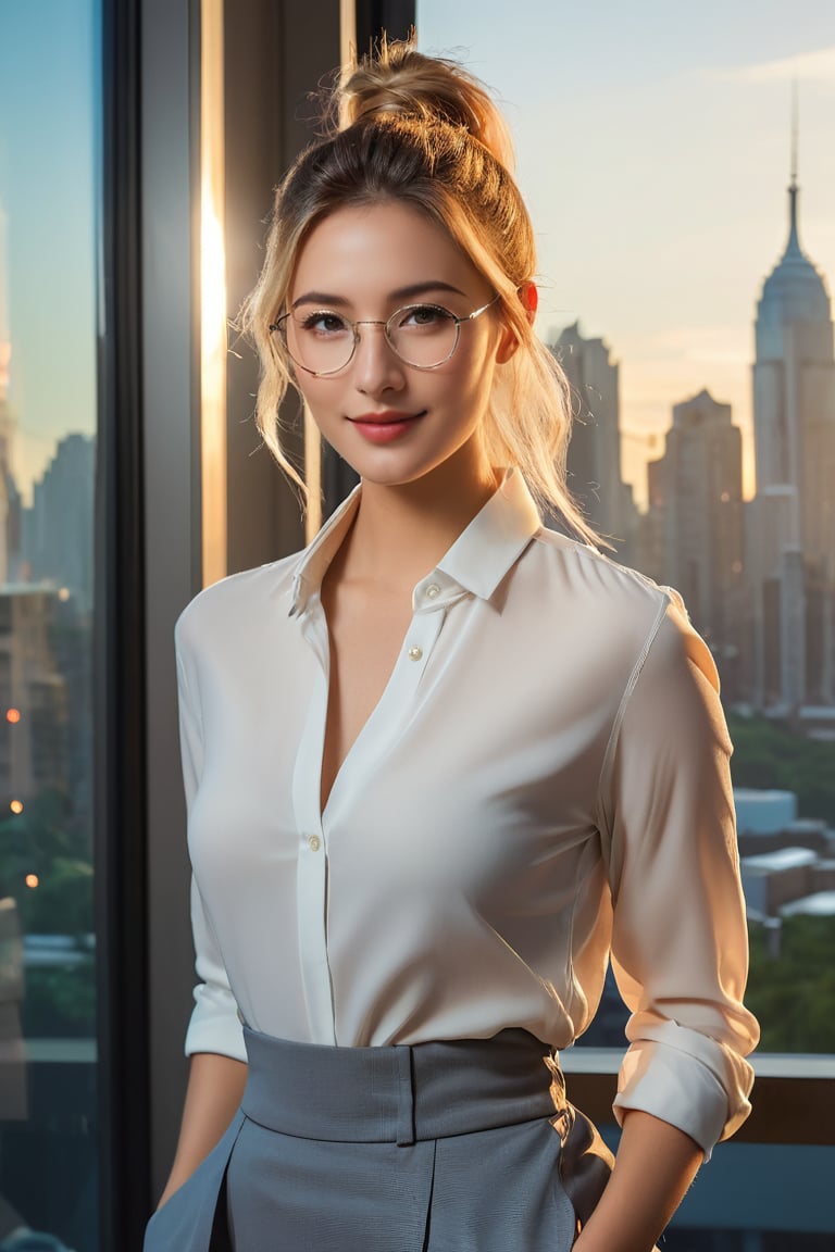 Against a window-framed cityscape's soft hues at dusk, a 25-year-old woman's radiant beauty unfolds. Her gaze drifts inward with gentle smile, blonde curls ponytail framing her face. Confidently clad in crisp white shirt and fitted gray skirt, she stands poised beside the metropolis's vibrant colors and subtle shading. Soft natural light casts warm shadows, highlighting her stylish glasses and modern attire as she steps into the city.