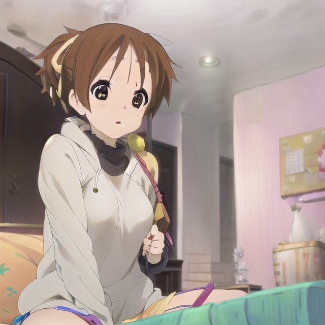 Ui hirasawa, with a cock inside her pussyon the bed as she spreads her legs seated on bed, with a cock pounding on her, her medium size tits fly as she jumps on the cock,ui hirasawa