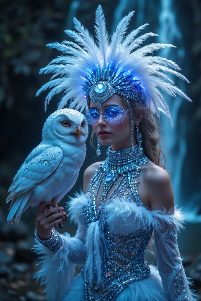 Ultimate realistic ,Girl in feather headdress holding a baby a owl, standing in front of a waterfall, trending on cg society, fantasy art, glowing sparkling crystals, white braids, blue jewelry, ethereal lighting ,(( sexy, eros,)) profile picture, glowing white neon eyes, white cyan covered in jewels, girl with feathers, neon owl, shimmering and spiral nubella, azure. detailed hair 