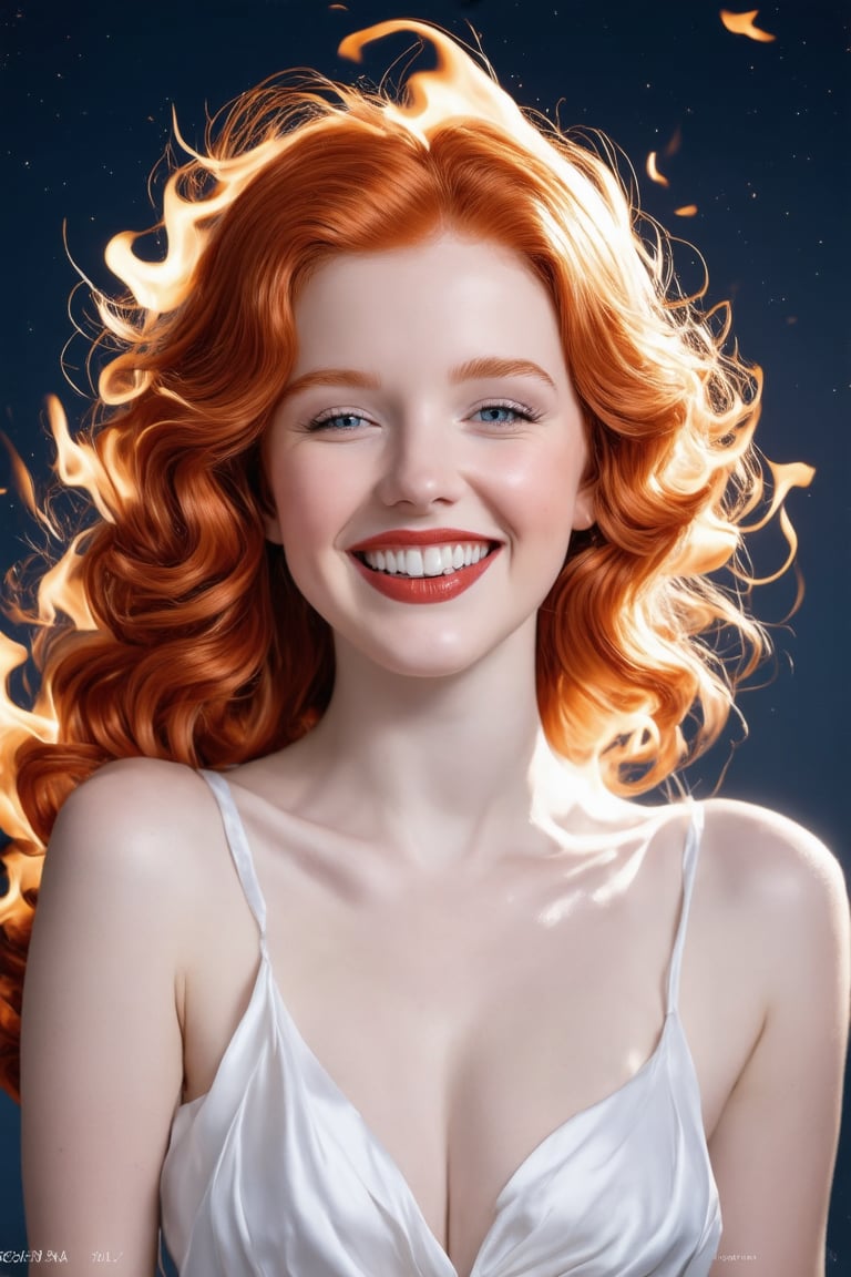 Conrad Rosset's whimsical portrait of a 17-year-old redhead: A bright-eyed beauty with a captivating smile and sparkling blue eyes, framed by a tumble of curly locks tied with a white ribbon. Her hair, ablaze with vibrant hues of red, orange, and pink, appears to be set aflame, as if infused with the fiery spirit within. She winks knowingly at the viewer, her lips curled upward in a mischievous grin, all beneath a warm, golden light.