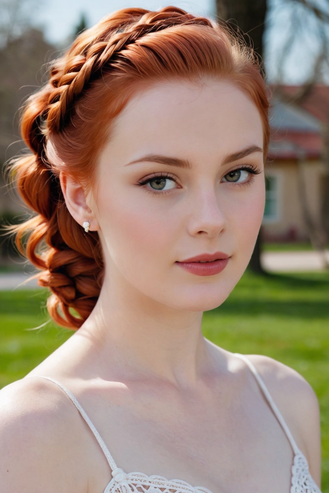 headshot,Nudity,Naked,Nude,No Clothes,Red a bright hair,face similar to Grace Kelly,Russian,pale skin,French Braid Hairstyle,Vintage makeup,21 year old,Boyish_normal_breasts,headshot,Sunny Day Spring,Posing for a photo



