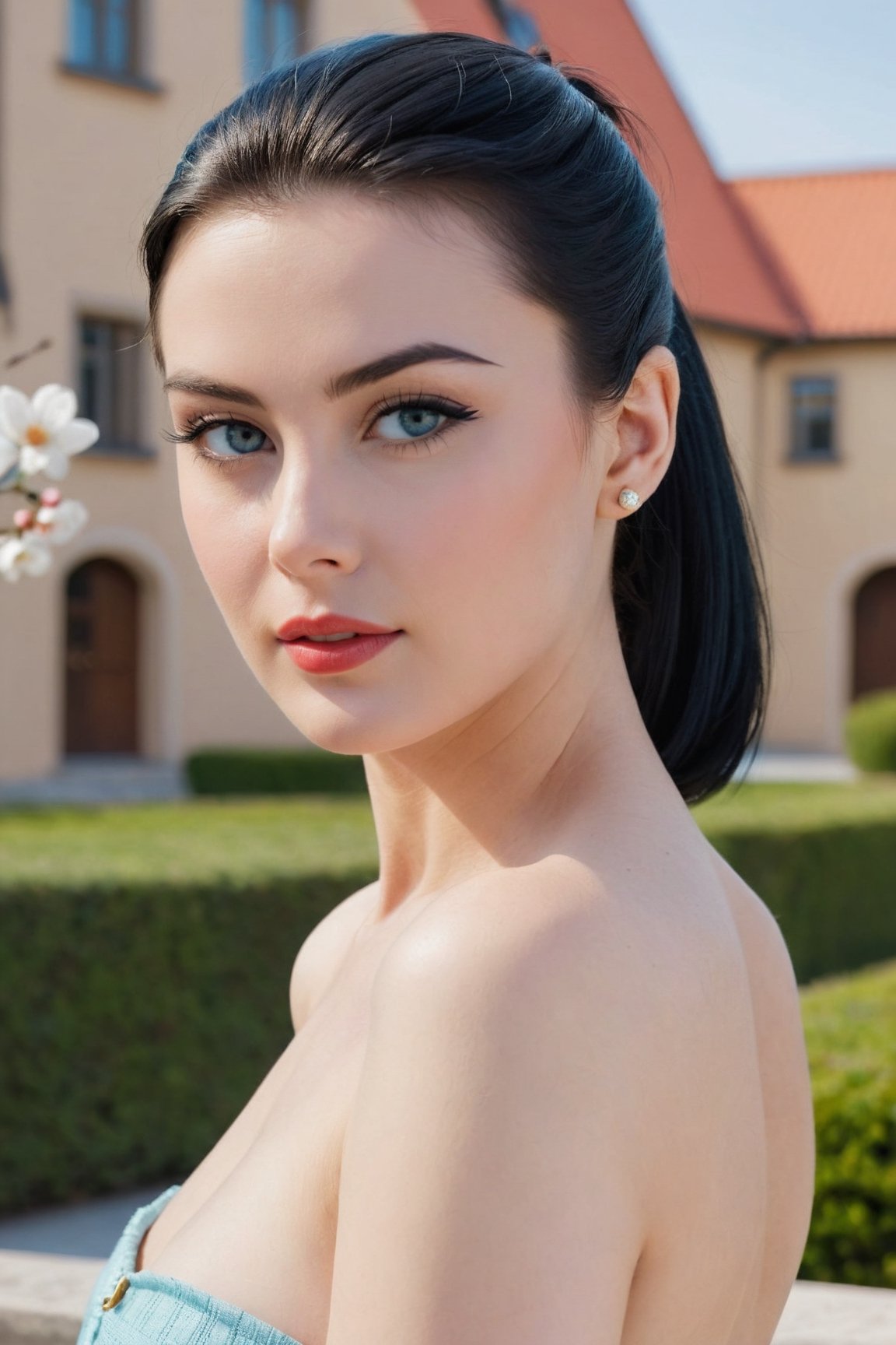 headshot,Nudity,Naked,Nude,No Clothes,Blue-black hair,face similar to Grace Kelly,Russian,pale skin,Classic ponytail Hairstyle,(((Bold eyeliner makeup))),21 year old,Boyish_normal_breasts,headshot,Sunny Day Spring,Posing for a photo
