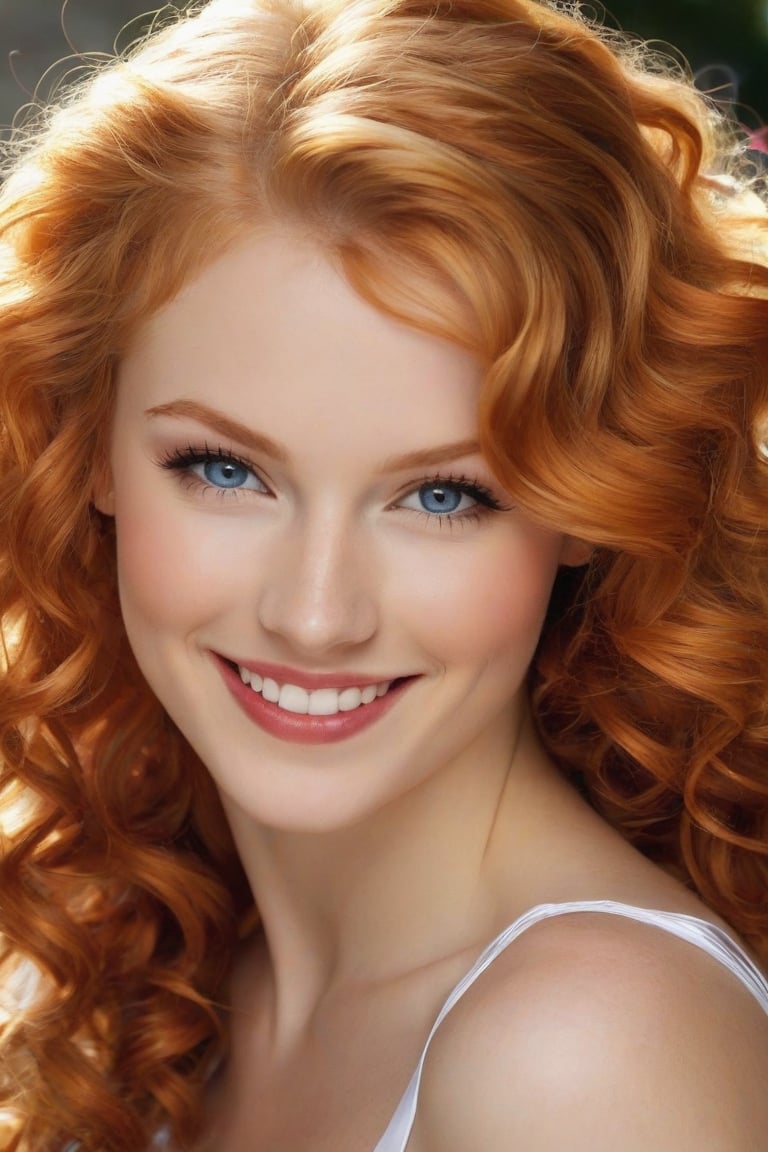 russian girl portrait of a 21-year-old redhead-blonde: A bright-eyed beauty with a captivating smile and sparkling blue eyes, framed by a tumble of curly locks tied with a white ribbon. Her hair, ablaze with vibrant hues of red, orange, and pink, appears to be set aflame, as if infused with the fiery spirit within. She winks knowingly at the viewer, her lips curled upward in a mischievous grin, all beneath a warm, golden light.