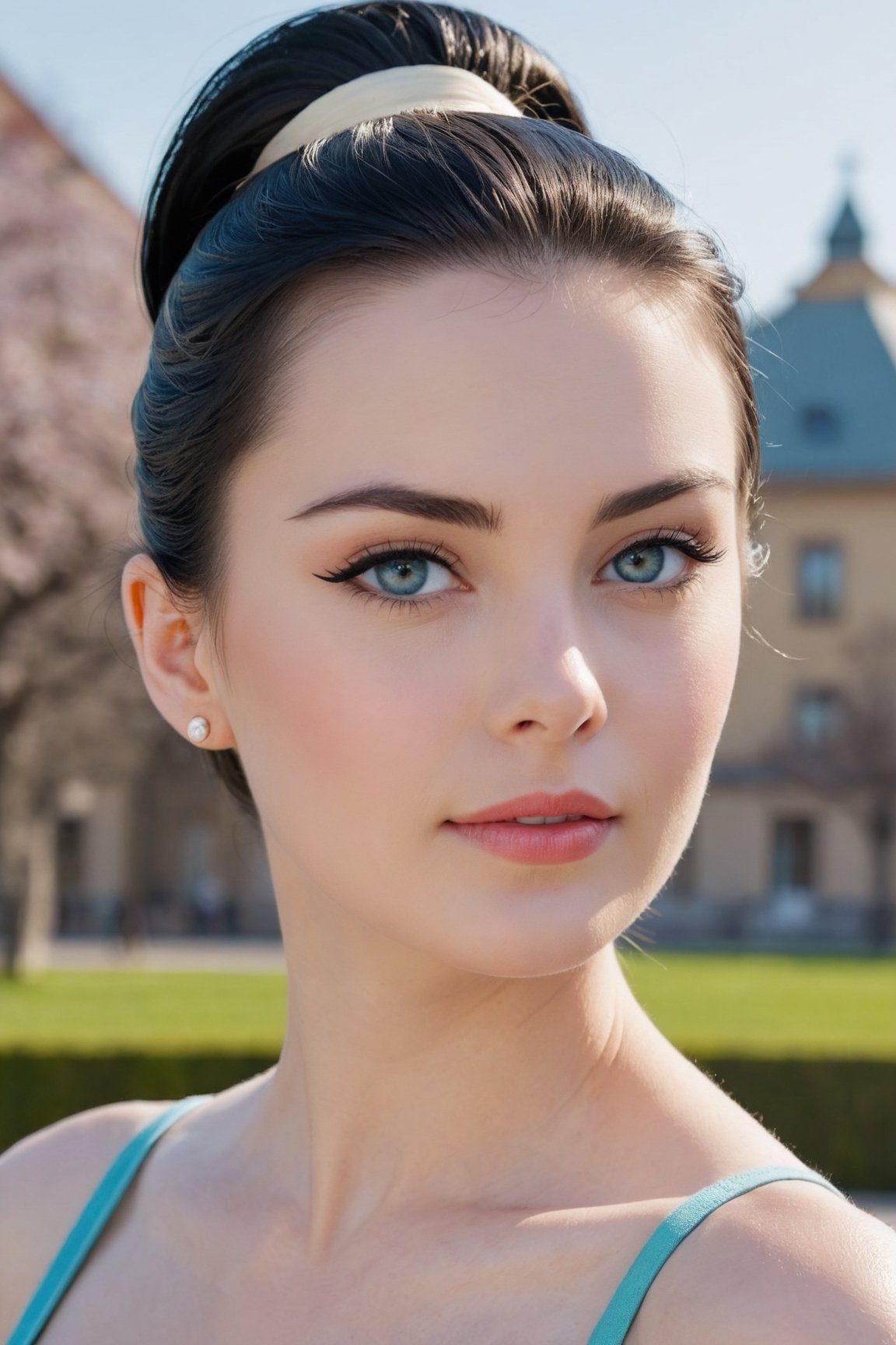 headshot,Nudity,Naked,Nude,No Clothes,Blue-black hair,face similar to Grace Kelly,Russian,pale skin,Classic ponytail Hairstyle,(Bold eyeliner makeup),21 year old,Boyish_normal_breasts,headshot,Sunny Day Spring,Posing for a photo
