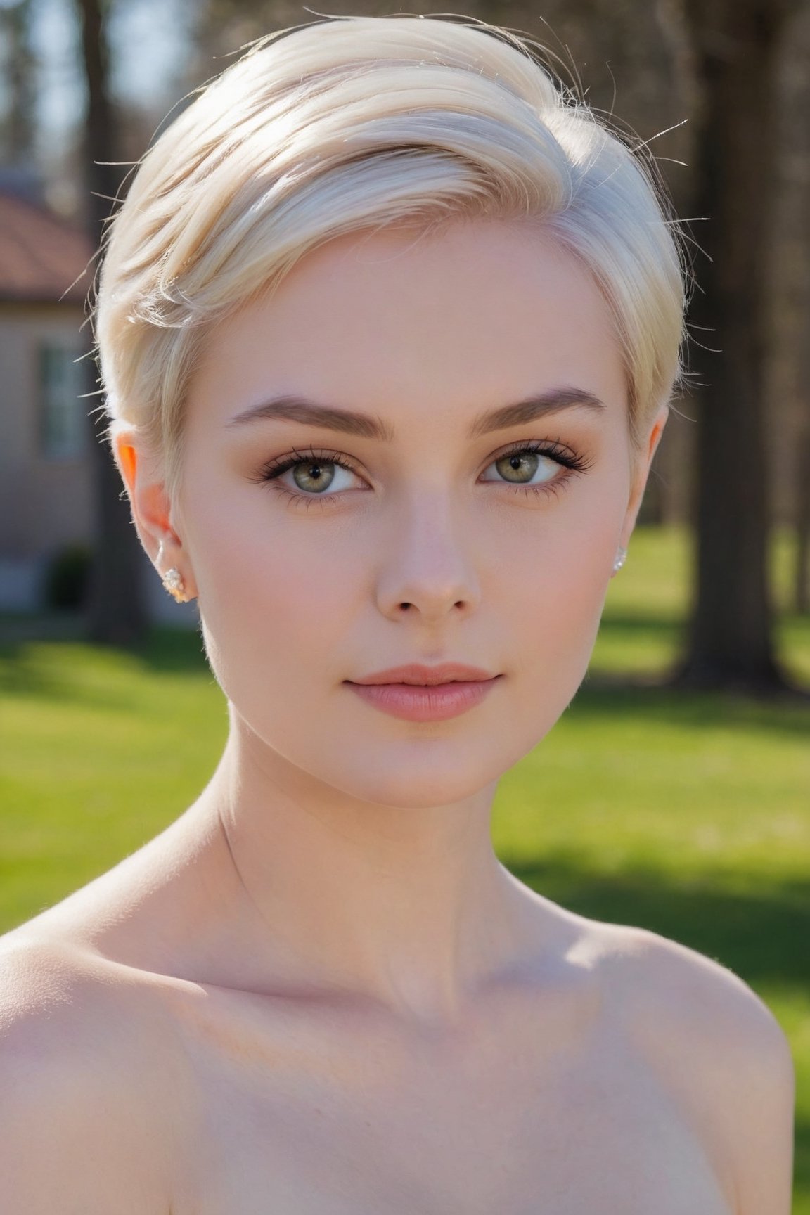 headshot,Nudity,Naked,Nude,No Clothes,White hair,face similar to Grace Kelly,Russian,pale skin,Pixie Cut Hairstyle,Highlighter makeup,21 year old,Boyish_normal_breasts,headshot,Sunny Day Spring,Posing for a photo
