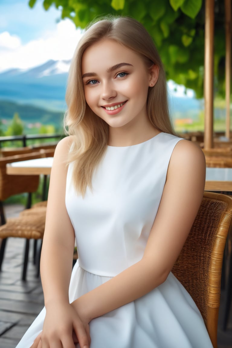 (best quality, 8K, highres, masterpiece), 1 girl 20 yo , sit on chair ,cafe ,white dress ,cafe on garden ,mountain ,realistic ,real life ,perfect ,mole mark ,beautiful ,smile , girl from russia, she has pale skin