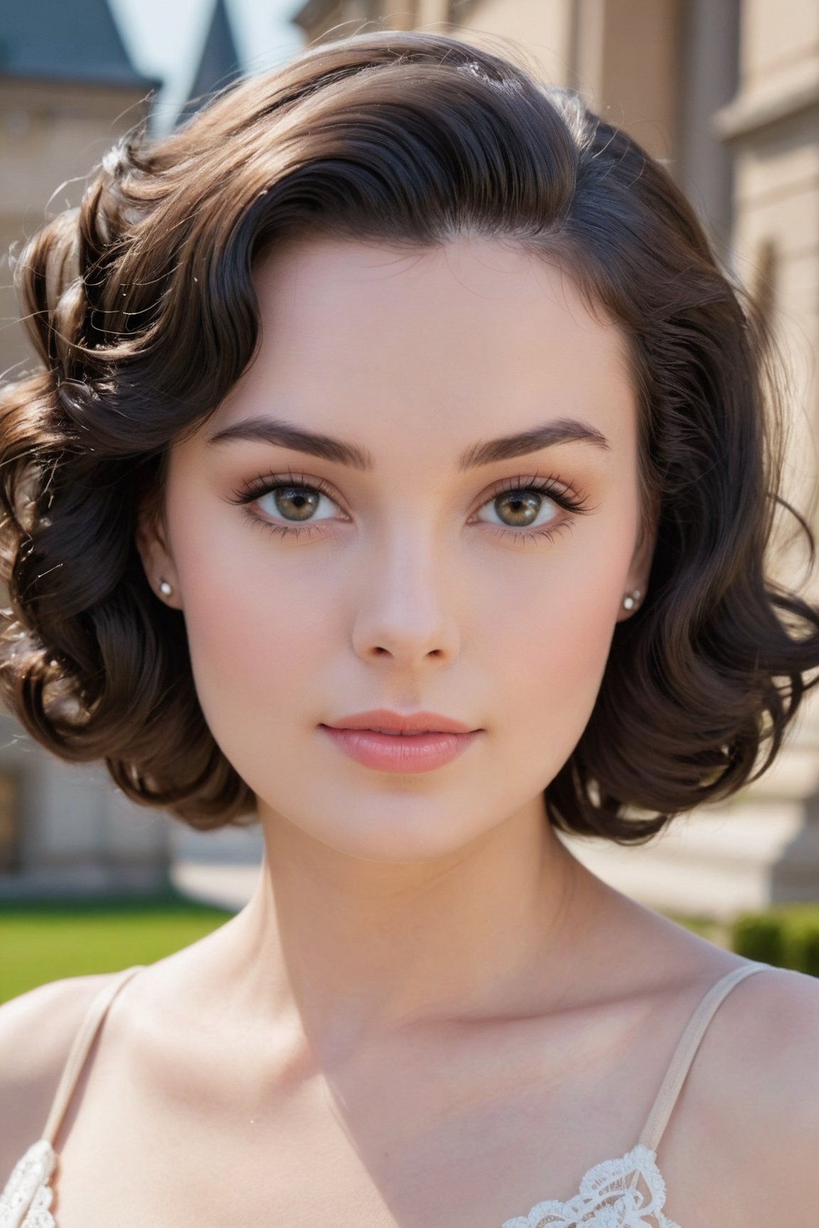 headshot,Nudity,Naked,Nude,No Clothes,Natural black hair,face similar to Grace Kelly,Russian,pale skin,Curly bob Hairstyle,Soft glam makeup,21 year old,Boyish_normal_breasts,headshot,Sunny Day Spring,Posing for a photo
