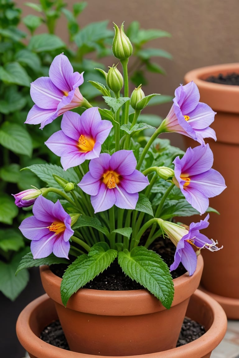 The Millennium Bell flower is in full bloom in a flower pot.
Ultra close-up photography

normal, common sense, ultra realistic, ultra detailed, Ultra-clear, close-up, Perfectly photo-like, 8K, UHD, photo r3al, ,photo r3al