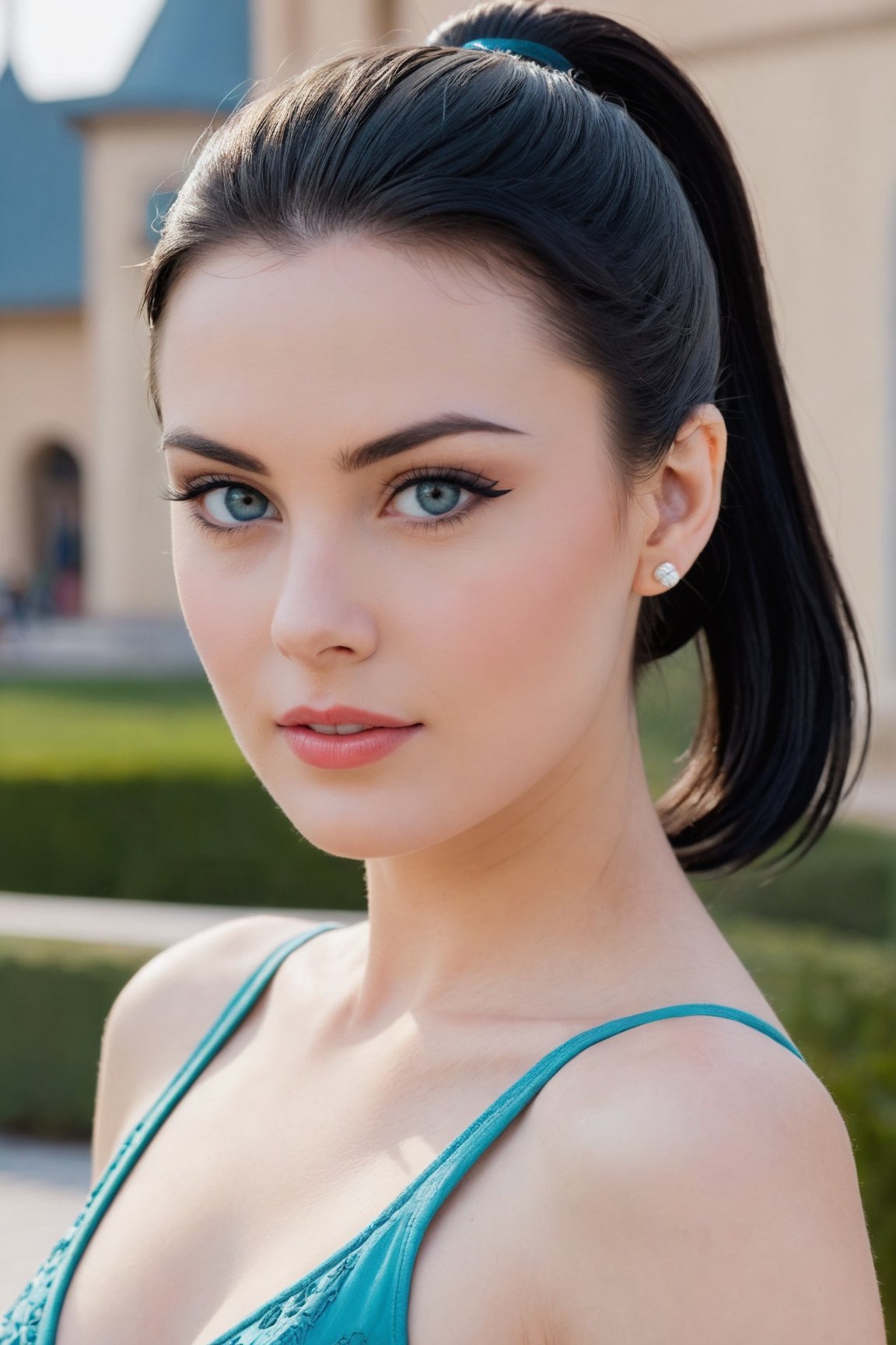 headshot,Nudity,Naked,Nude,No Clothes,Blue-black hair,face similar to Grace Kelly,Russian,pale skin,Classic ponytail Hairstyle,((Bold eyeliner makeup)),21 year old,Boyish_normal_breasts,headshot,Sunny Day Spring,Posing for a photo
