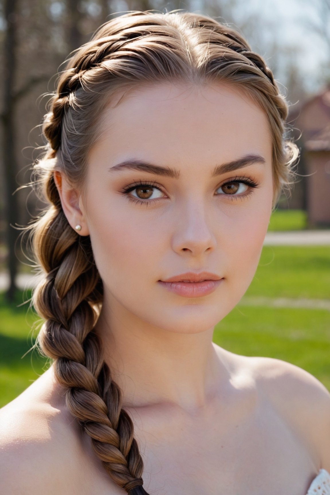 headshot,Nudity,Naked,Nude,No Clothes,Brown with highlights hair,face similar to Grace Kelly,Russian,pale skin,Braids Hairstyle,Bronzed makeup,21 year old,Boyish_normal_breasts,headshot,Sunny Day Spring,Posing for a photo

