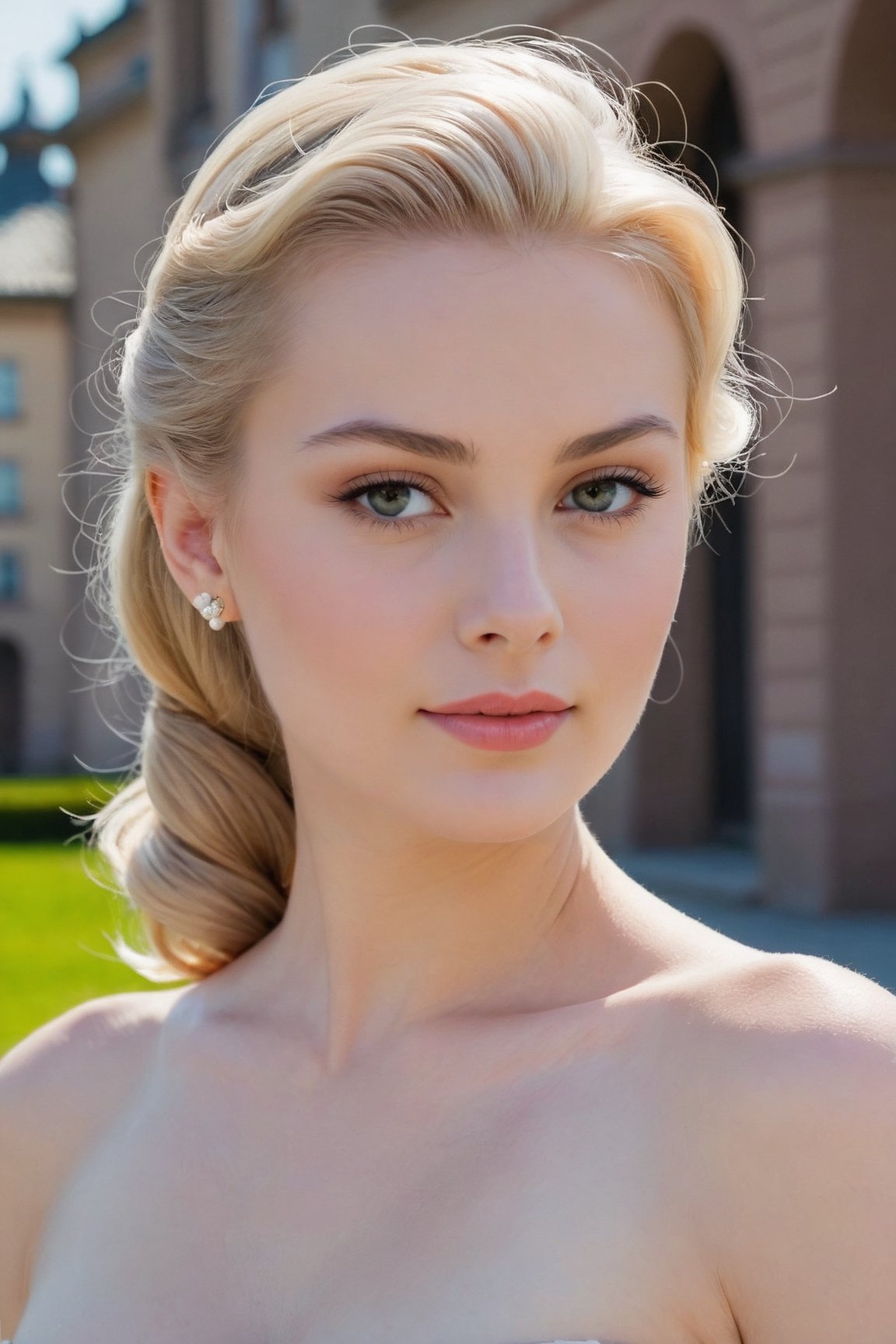 headshot,Nudity,Naked,Nude,No Clothes,White-blonde hair,face similar to Grace Kelly,Russian,pale skin,Pony tail Hairstyle,Luminous skin makeup,21 year old,Boyish_normal_breasts,headshot,Sunny Day Spring,Posing for a photo
