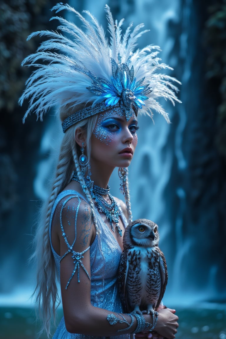 Ultimate realistic ,Girl in feather headdress holding a baby a owl, standing in front of a waterfall, trending on cg society, fantasy art, glowing sparkling crystals, white braids, blue jewelry, ethereal lighting ,(( sexy, eros,)) profile picture, glowing white neon eyes, white cyan covered in jewels, girl with feathers, neon owl, shimmering and spiral nubella, azure. detailed hair 