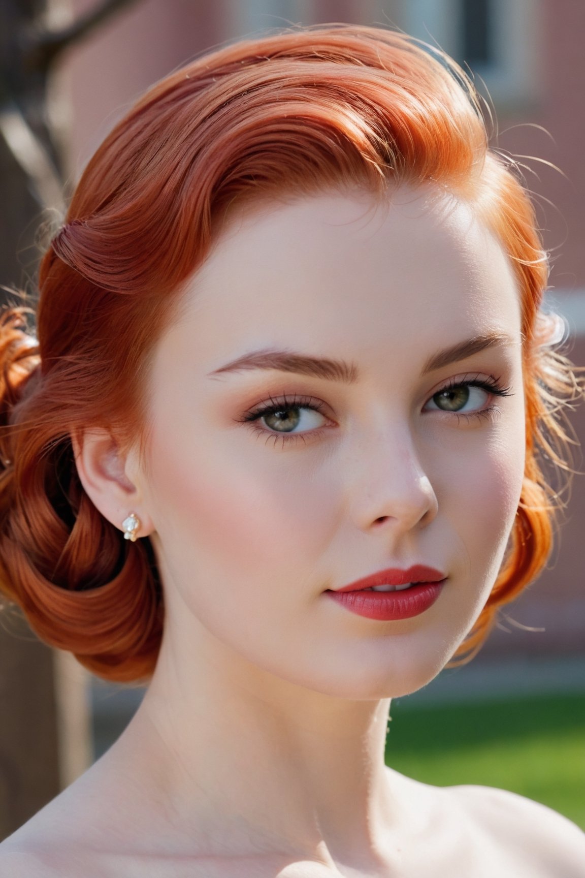 headshot,Nudity,Naked,Nude,No Clothes,Red a bright hair,face similar to Grace Kelly,Russian,pale skin,Long hair updo Hairstyle,Glossy lips makeup,21 year old,Boyish_normal_breasts,headshot,Sunny Day Spring,Posing for a photo
