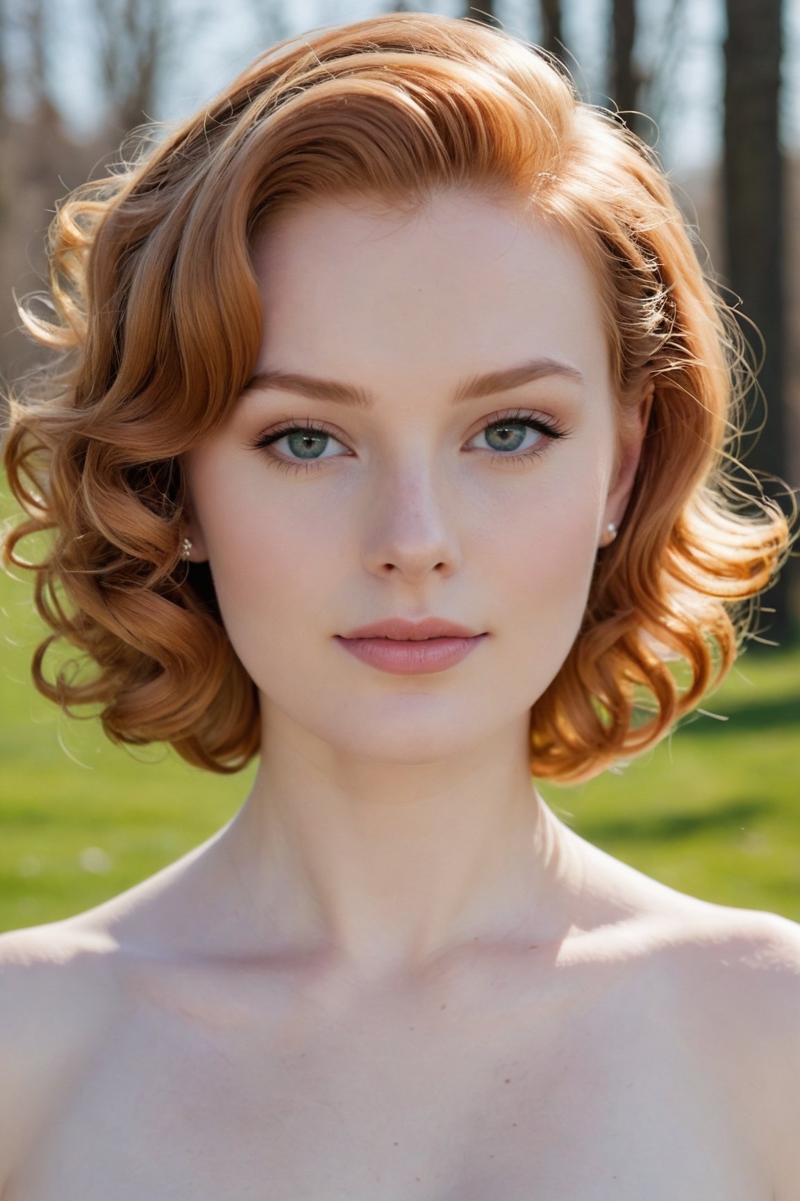 headshot,Nudity,Naked,Nude,No Clothes,Ginger hair,face similar to Grace Kelly,Russian,pale skin,Curly bob Hairstyle,Contour makeup,21 year old,Boyish_normal_breasts,headshot,Sunny Day Spring,Posing for a photo
