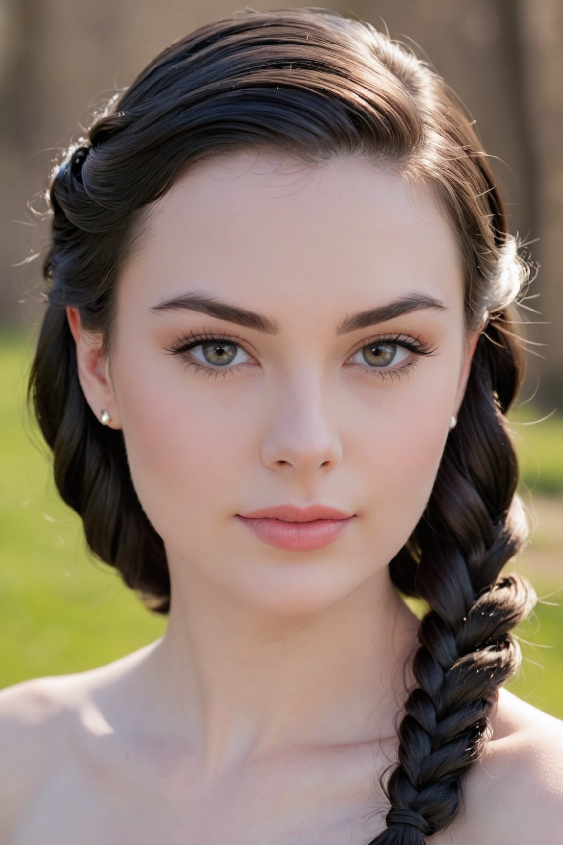 headshot,Nudity,Naked,Nude,No Clothes,Jet black hair,face similar to Grace Kelly,Russian,pale skin,Fishtail braid Hairstyle,Defined eyebrows makeup,21 year old,Boyish_normal_breasts,headshot,Sunny Day Spring,Posing for a photo
