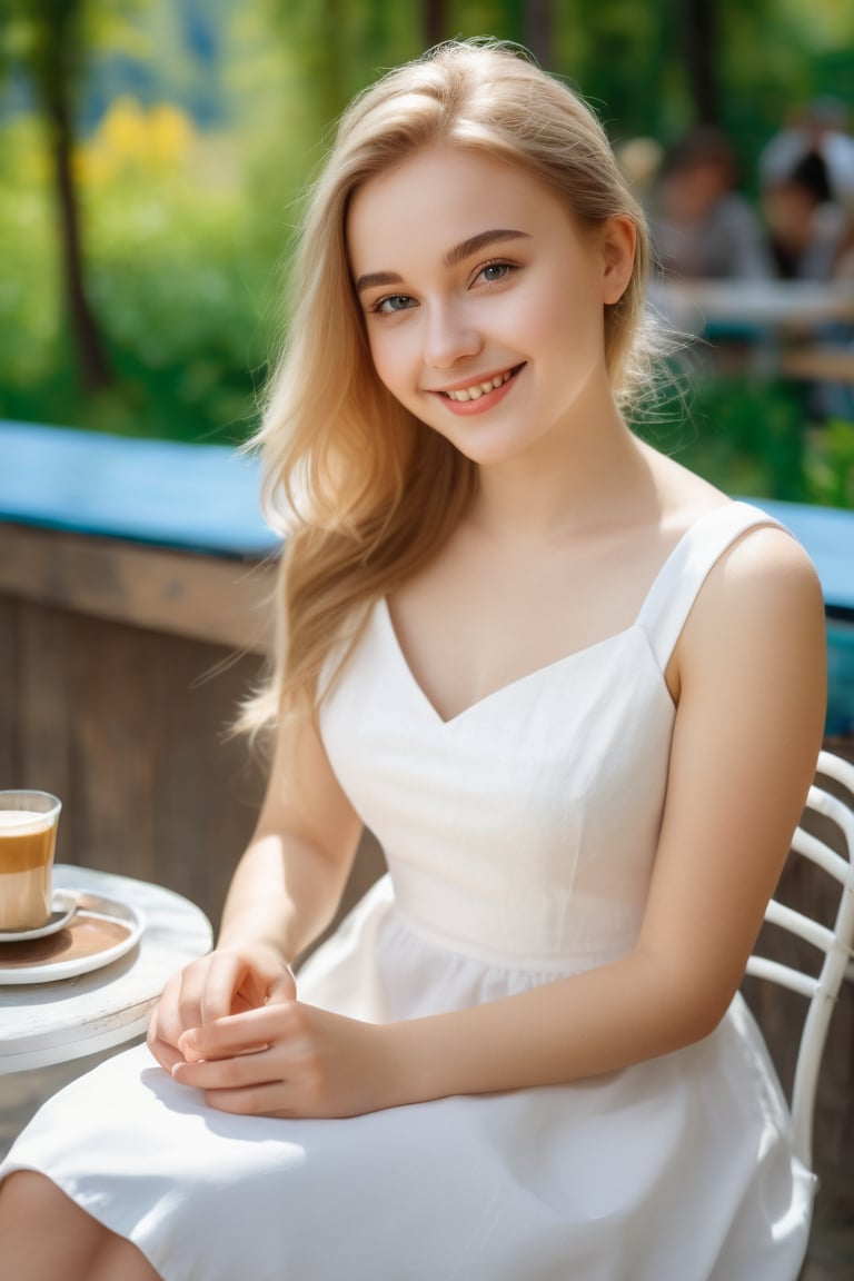 (best quality, 8K, highres, masterpiece), 1 girl 20 yo , sit on chair ,cafe ,white dress ,cafe on garden ,mountain ,realistic ,real life ,perfect ,mole mark ,beautiful ,smile , girl from russia, she has pale skin