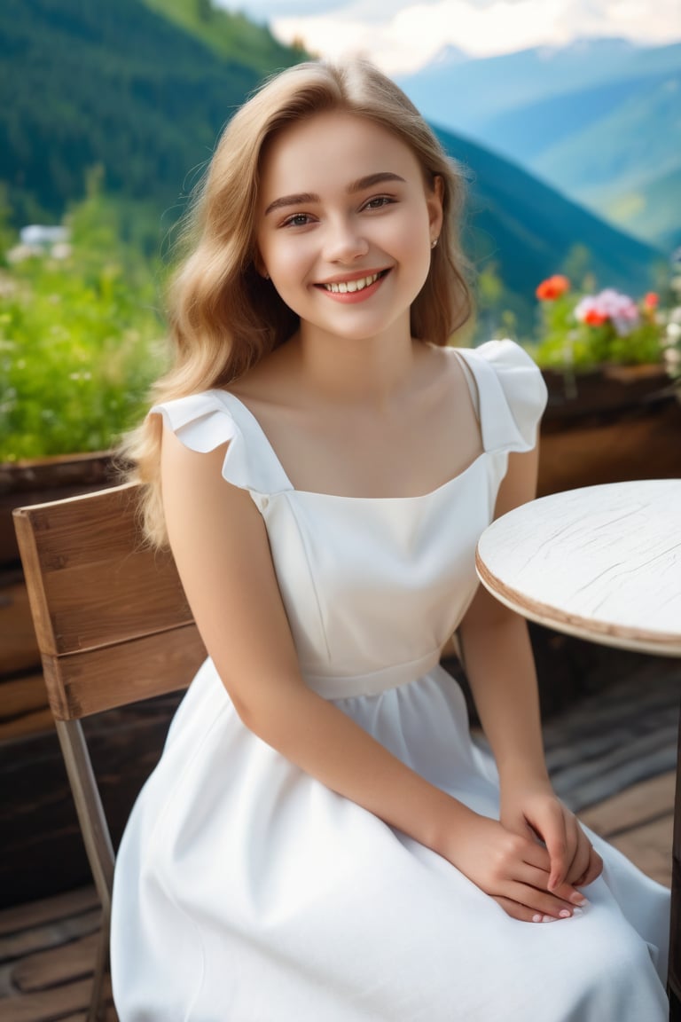 (best quality, 8K, highres, masterpiece), 1 girl 20 yo , sit on chair ,cafe ,white dress ,cafe on garden ,mountain ,realistic ,real life ,perfect ,mole mark ,beautiful ,smile , girl from russia, she has pale skin