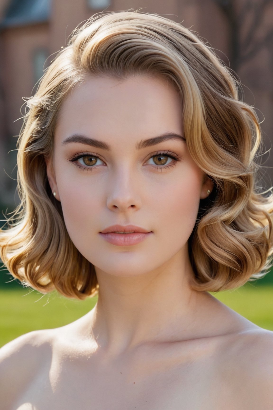 headshot,Nudity,Naked,Nude,No Clothes,Brown with golden highlights hair,face similar to Grace Kelly,Russian,pale skin,Wavy bob Hairstyle,Negative space makeup,21 year old,Boyish_normal_breasts,headshot,Sunny Day Spring,Posing for a photo




