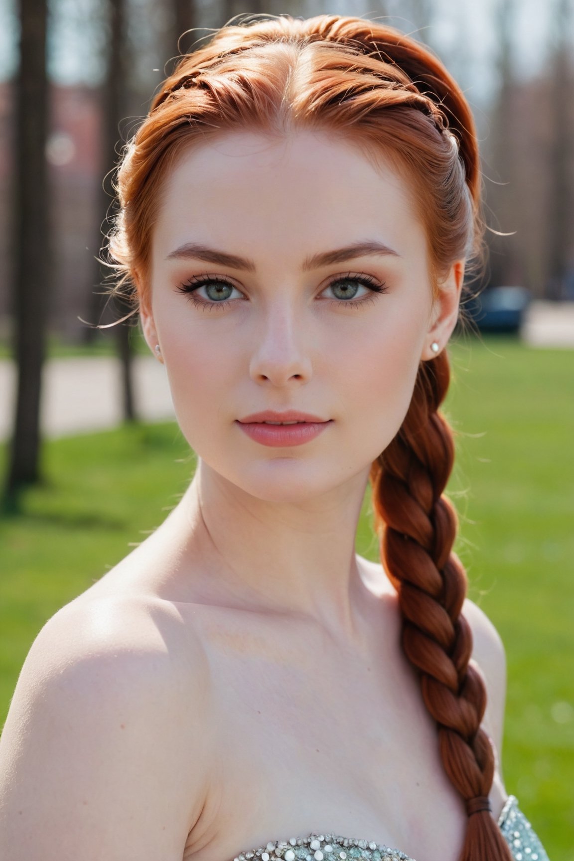 headshot,Nudity,Naked,Nude,No Clothes,Red hair,face similar to Grace Kelly,Russian,pale skin,Long hair ponytail with braids Hairstyle,Glitter makeup,21 year old,Boyish_normal_breasts,headshot,Sunny Day Spring,Posing for a photo
