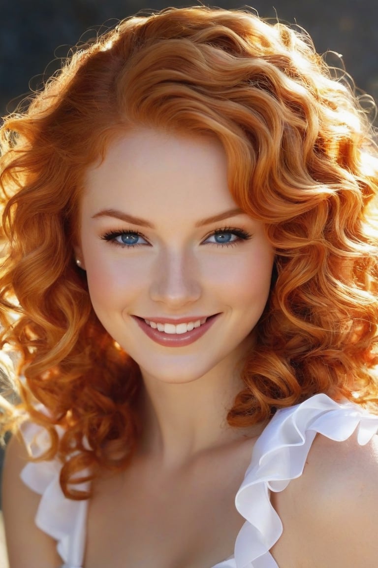 russian girl portrait of a 21-year-old redhead-blonde: A bright-eyed beauty with a captivating smile and sparkling blue eyes, framed by a tumble of curly locks tied with a white ribbon. Her hair, ablaze with vibrant hues of red, orange, and pink, appears to be set aflame, as if infused with the fiery spirit within. She winks knowingly at the viewer, her lips curled upward in a mischievous grin, all beneath a warm, golden light.