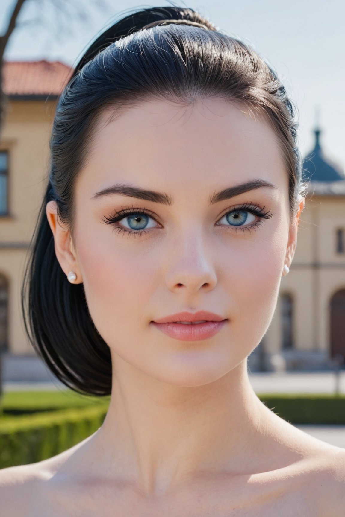 headshot,Nudity,Naked,Nude,No Clothes,Blue-black hair,face similar to Grace Kelly,Russian,pale skin,Classic ponytail Hairstyle,(Bold eyeliner makeup),21 year old,Boyish_normal_breasts,headshot,Sunny Day Spring,Posing for a photo
