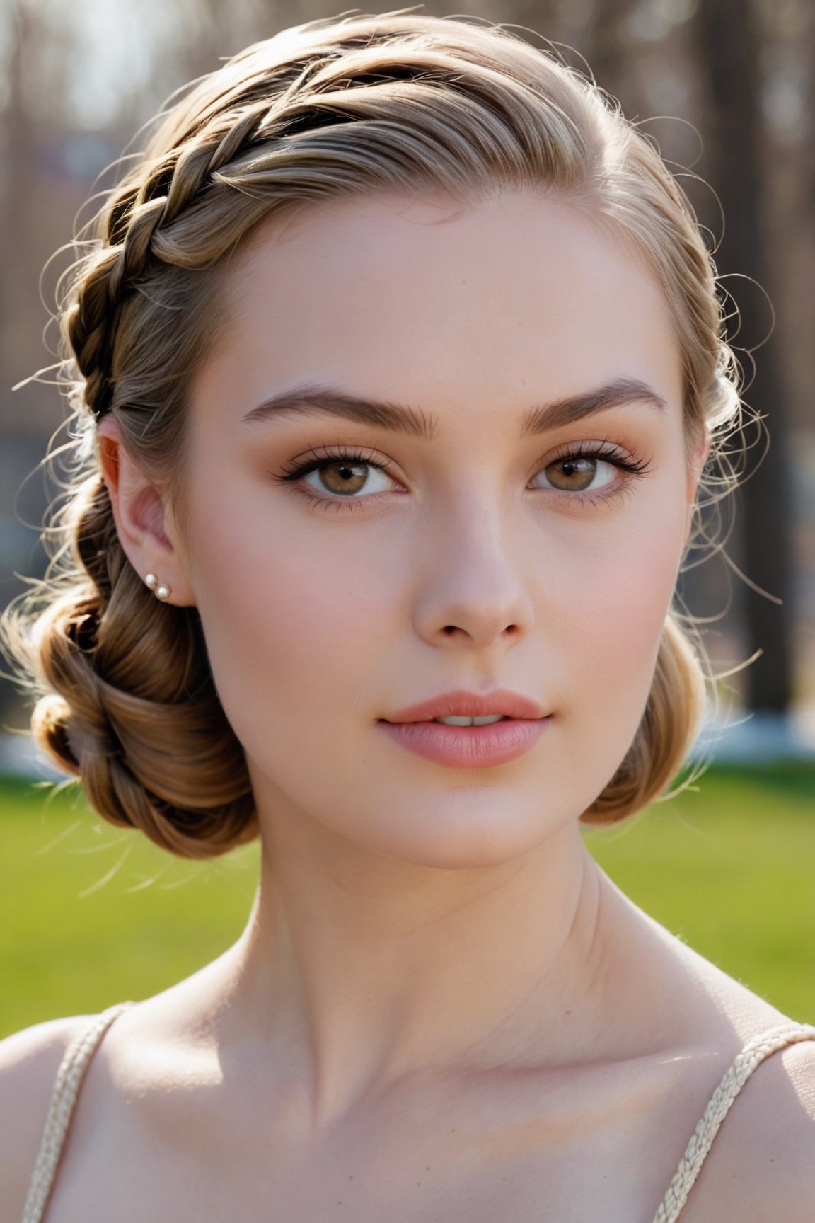 headshot,Nudity,Naked,Nude,No Clothes,Brown with golden highlights hair,face similar to Grace Kelly,Russian,pale skin,Braided bob Hairstyle,Bright lips makeup,21 year old,Boyish_normal_breasts,headshot,Sunny Day Spring,Posing for a photo

