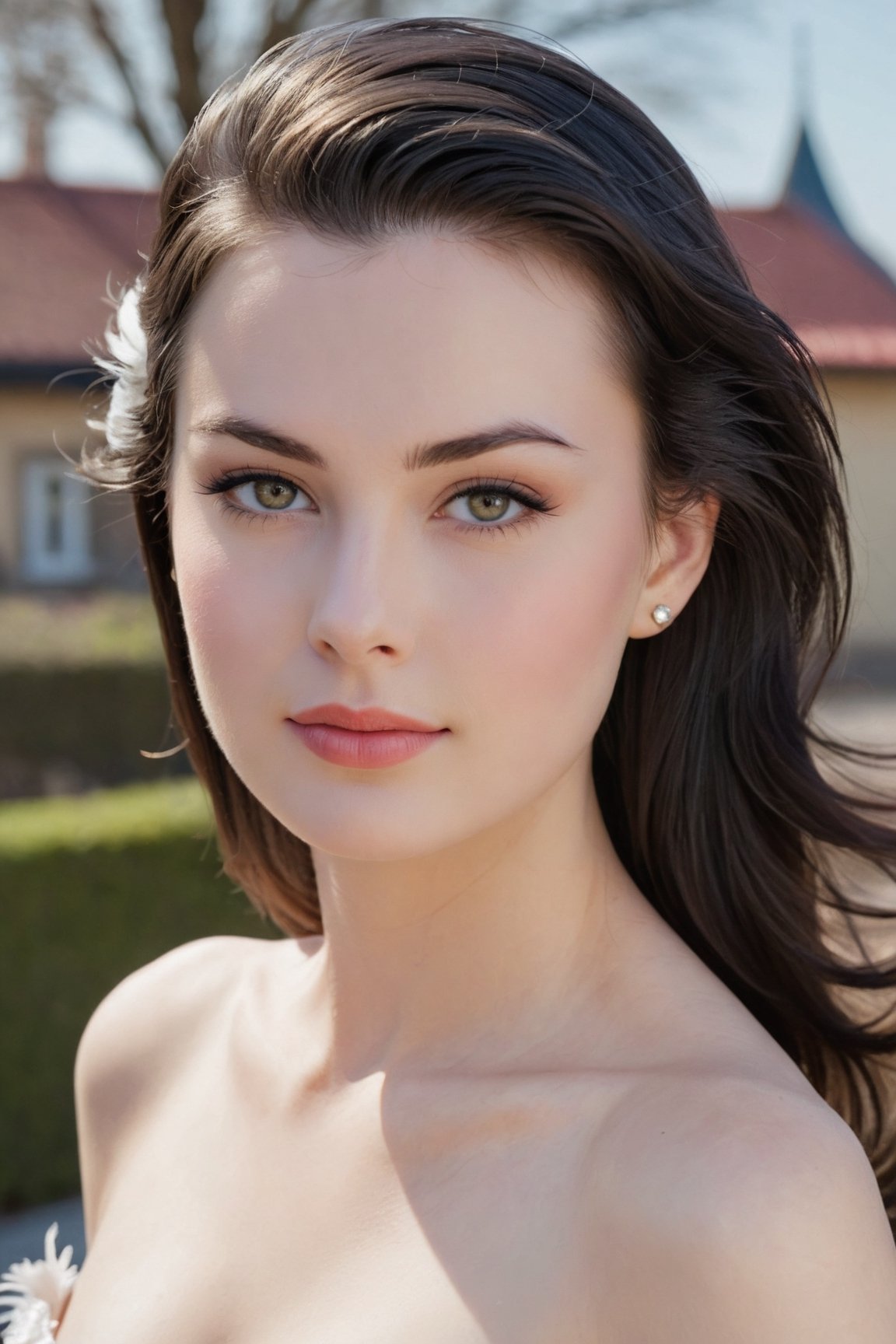 headshot,Nudity,Naked,Nude,No Clothes,Off-black hair,face similar to Grace Kelly,Russian,pale skin,Long and silky Hairstyle,Feathered eyeliner makeup,21 year old,Boyish_normal_breasts,headshot,Sunny Day Spring,Posing for a photo
