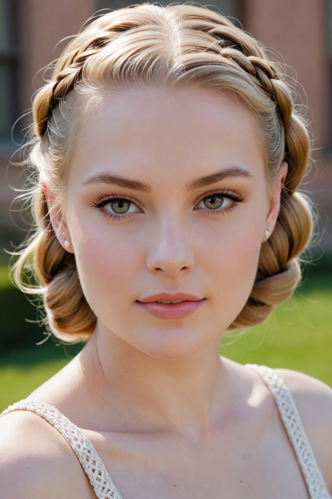 headshot,Nudity,Naked,Nude,No Clothes,Golden-blonde hair,face similar to Grace Kelly,Russian,pale skin,Braids Hairstyle,Porcelain makeup,21 year old,Boyish_normal_breasts,headshot,Sunny Day Spring,Posing for a photo


