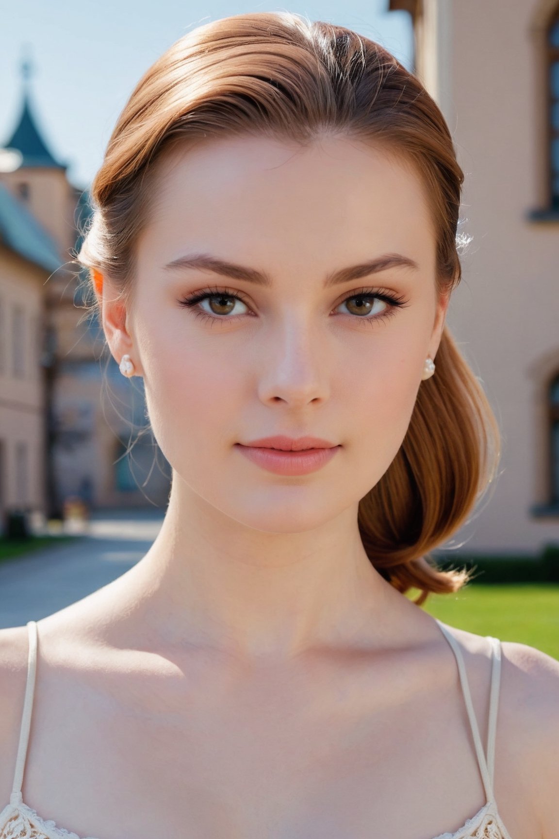 headshot,Nudity,Naked,Nude,No Clothes,Chestnut hair,face similar to Grace Kelly,Russian,pale skin,Classic ponytail Hairstyle,Color-blocking makeup,21 year old,Boyish_normal_breasts,headshot,Sunny Day Spring,Posing for a photo

