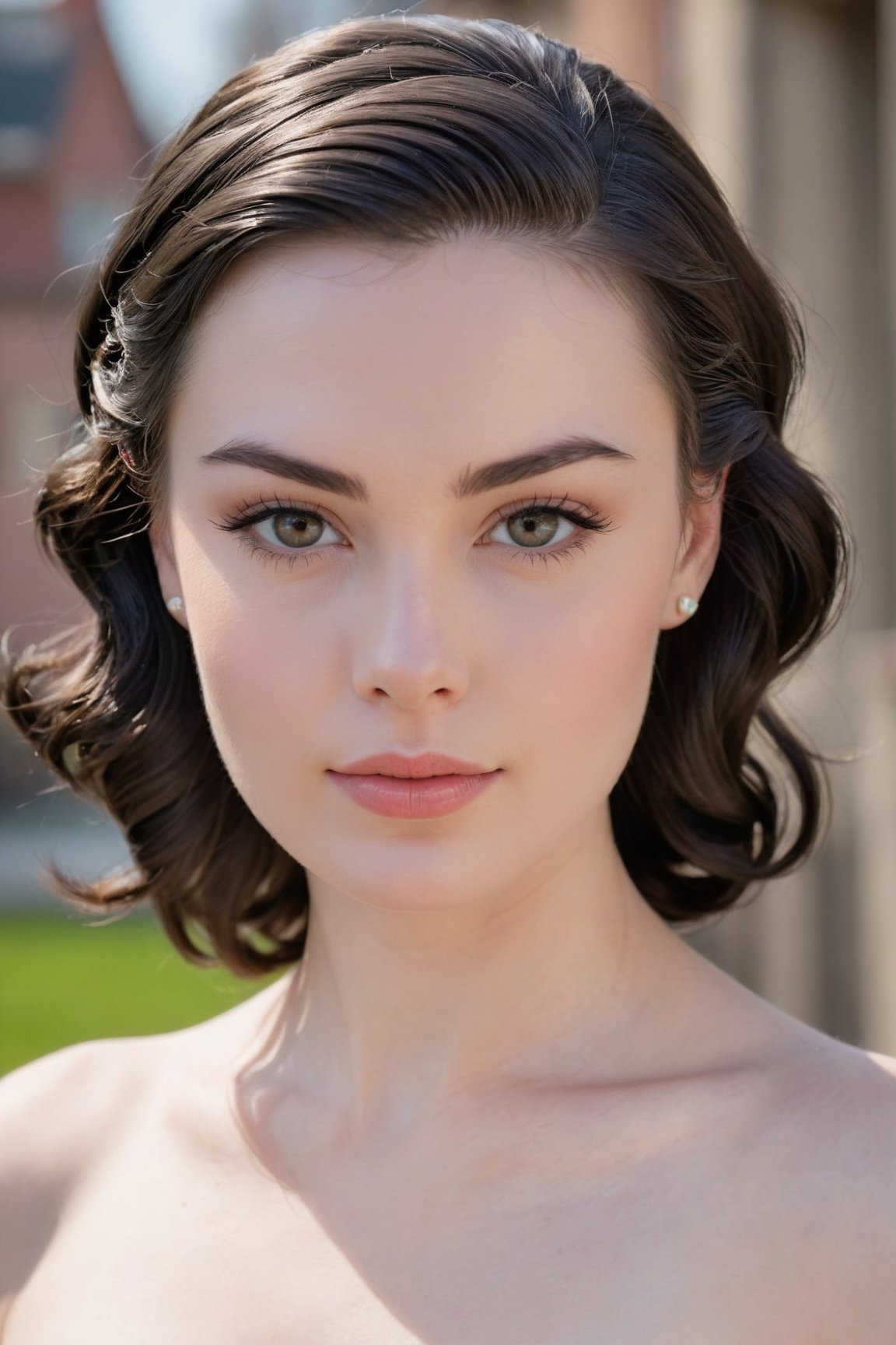 headshot,Nudity,Naked,Nude,No Clothes,Jet black hair,face similar to Grace Kelly,Russian,pale skin,Fishtail braid Hairstyle,Defined eyebrows makeup,21 year old,Boyish_normal_breasts,headshot,Sunny Day Spring,Posing for a photo
