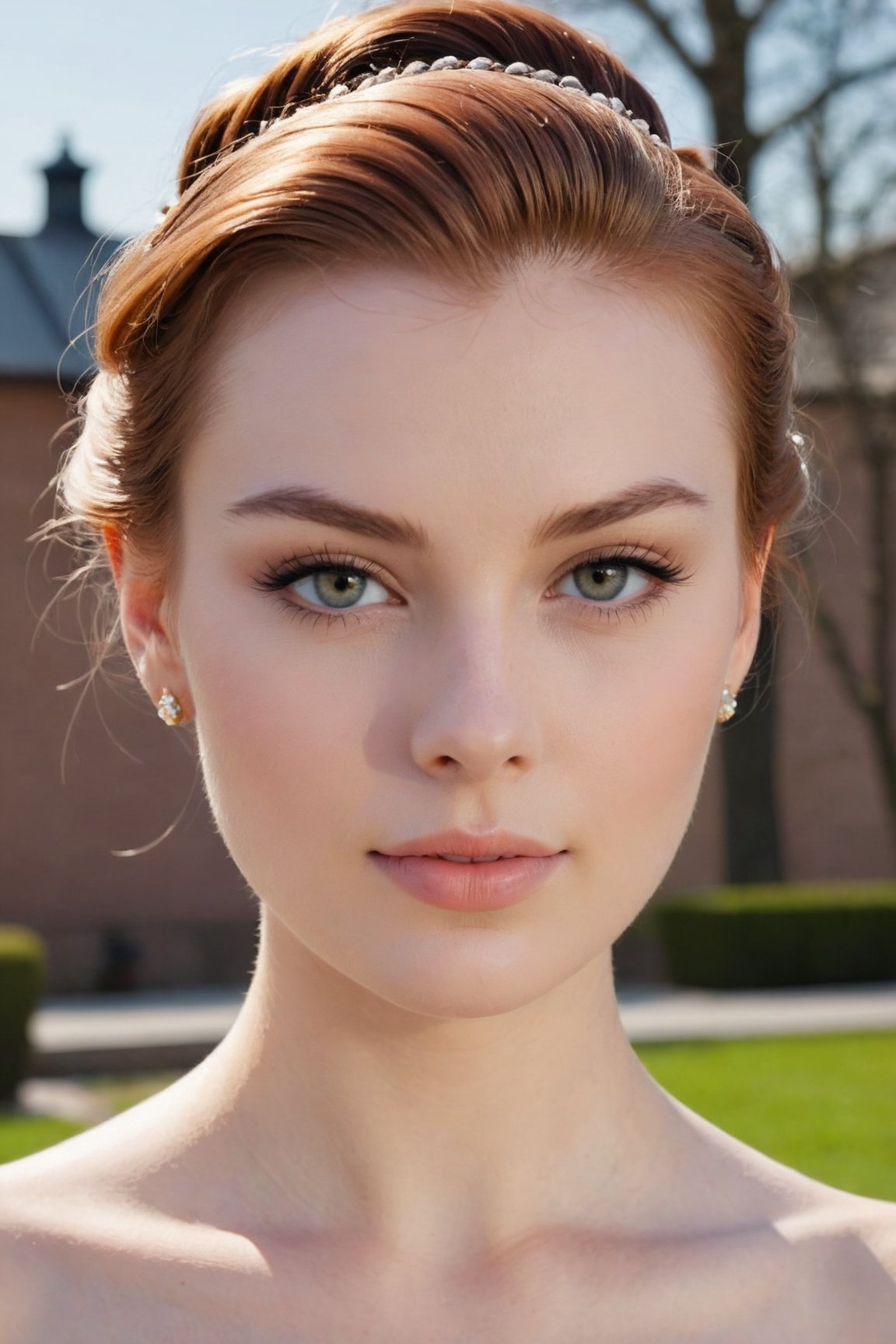 headshot,Nudity,Naked,Nude,No Clothes,Auburn hair,face similar to Grace Kelly,Russian,pale skin,Top Knot Hairstyle,Metallic makeup,21 year old,Boyish_normal_breasts,headshot,Sunny Day Spring,Posing for a photo


