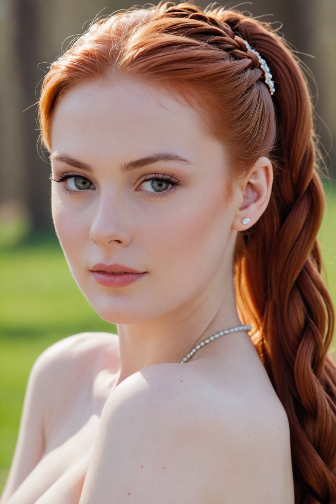 headshot,Nudity,Naked,Nude,No Clothes,Red hair,face similar to Grace Kelly,Russian,pale skin,Long hair ponytail with braids Hairstyle,Glitter makeup,21 year old,Boyish_normal_breasts,headshot,Sunny Day Spring,Posing for a photo
