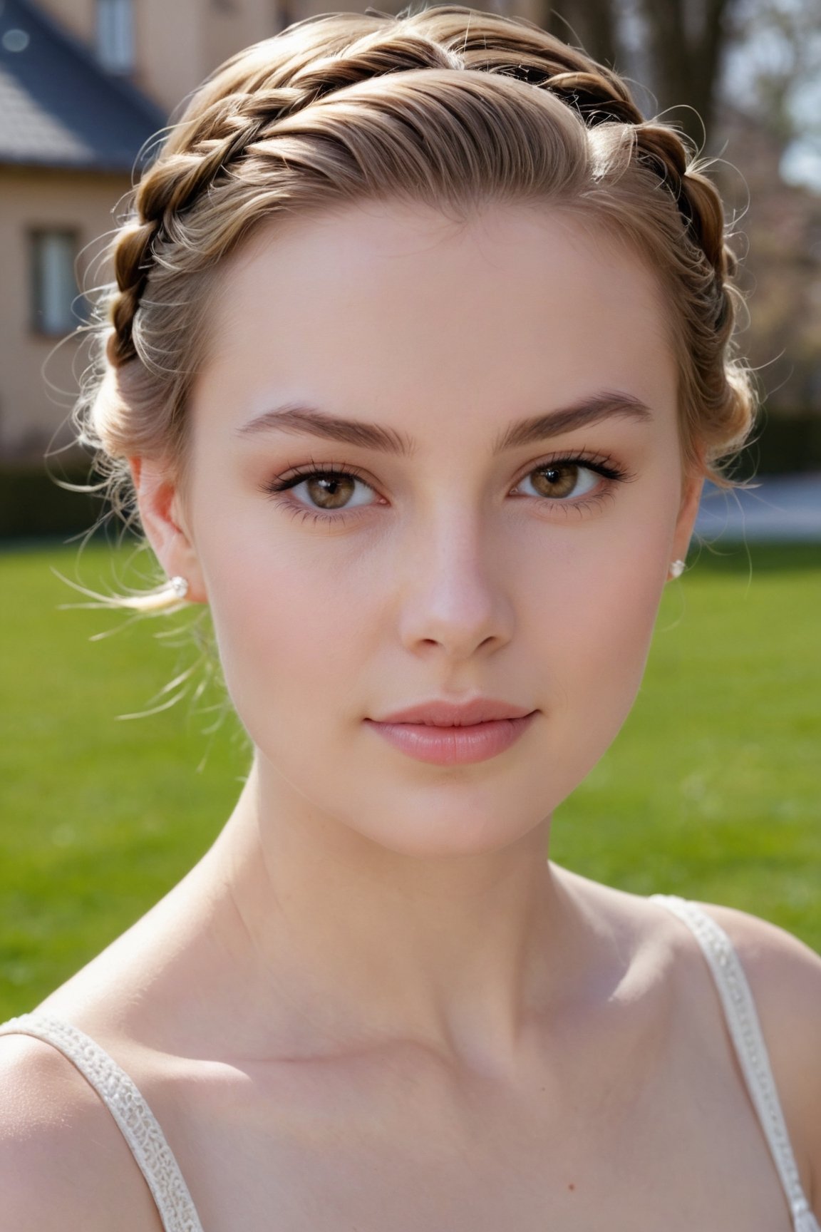 headshot,Nudity,Naked,Nude,No Clothes,Light brown hair,face similar to Grace Kelly,Russian,pale skin,French Braid Hairstyle,Dewy skin makeup,21 year old,Boyish_normal_breasts,headshot,Sunny Day Spring,Posing for a photo
