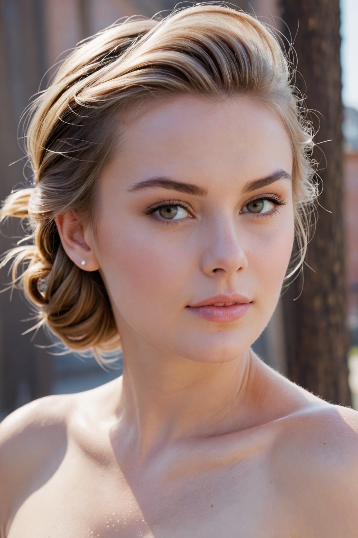 headshot,Nudity,Naked,Nude,No Clothes,Salt and pepper hair,face similar to Grace Kelly,Russian,pale skin,Messy Bun Hairstyle,Glowy skin makeup,21 year old,Boyish_normal_breasts,headshot,Sunny Day Spring,Posing for a photo

