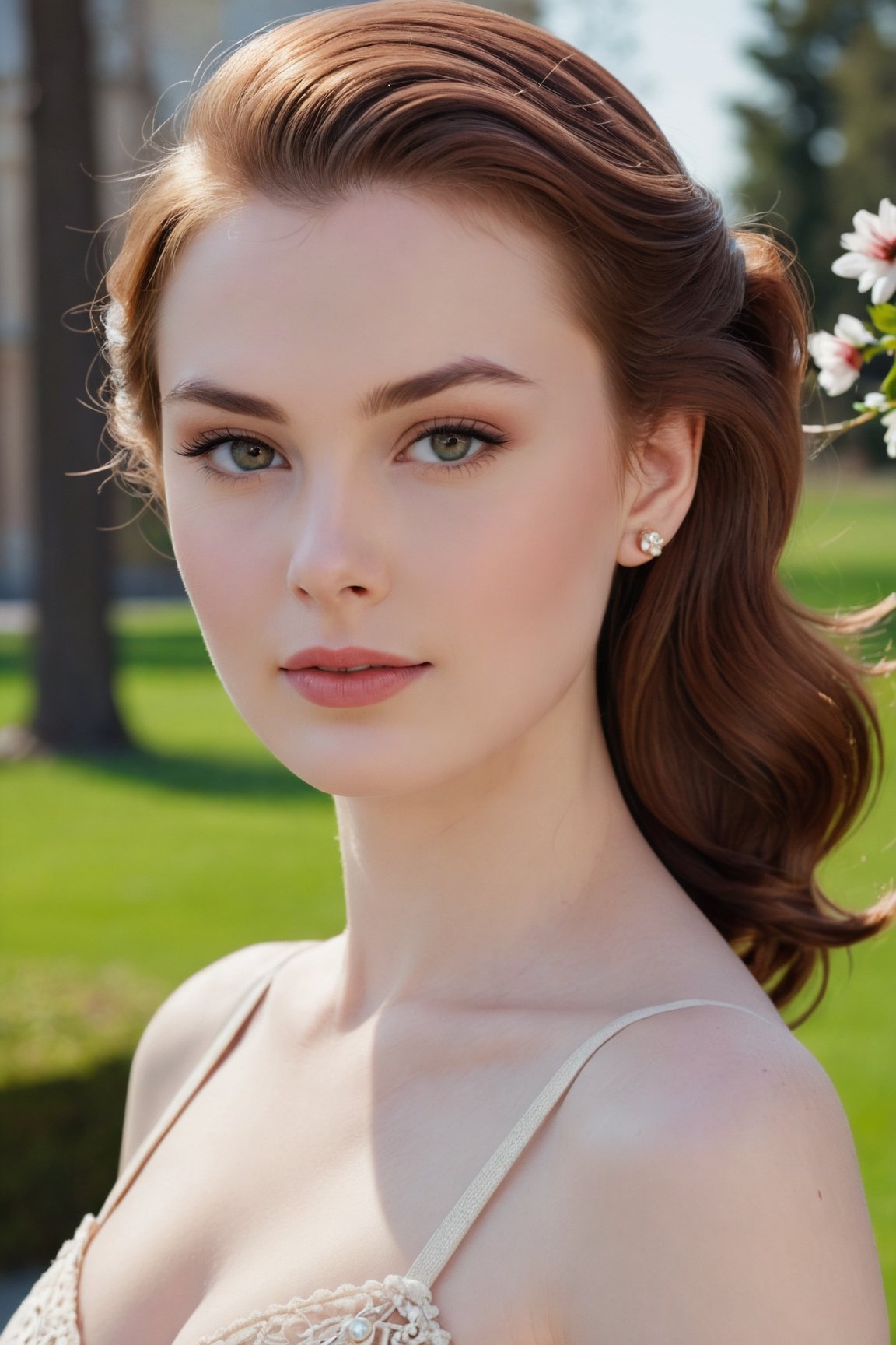 headshot,Nudity,Naked,Nude,No Clothes,Mahogany hair,face similar to Grace Kelly,Russian,pale skin,Half-up, half-down Hairstyle,Dramatic lips makeup,21 year old,Boyish_normal_breasts,headshot,Sunny Day Spring,Posing for a photo
