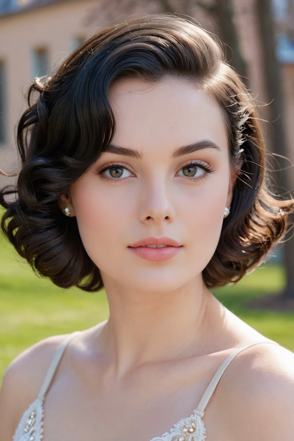 headshot,Nudity,Naked,Nude,No Clothes,Natural black hair,face similar to Grace Kelly,Russian,pale skin,Curly bob Hairstyle,Soft glam makeup,21 year old,Boyish_normal_breasts,headshot,Sunny Day Spring,Posing for a photo
