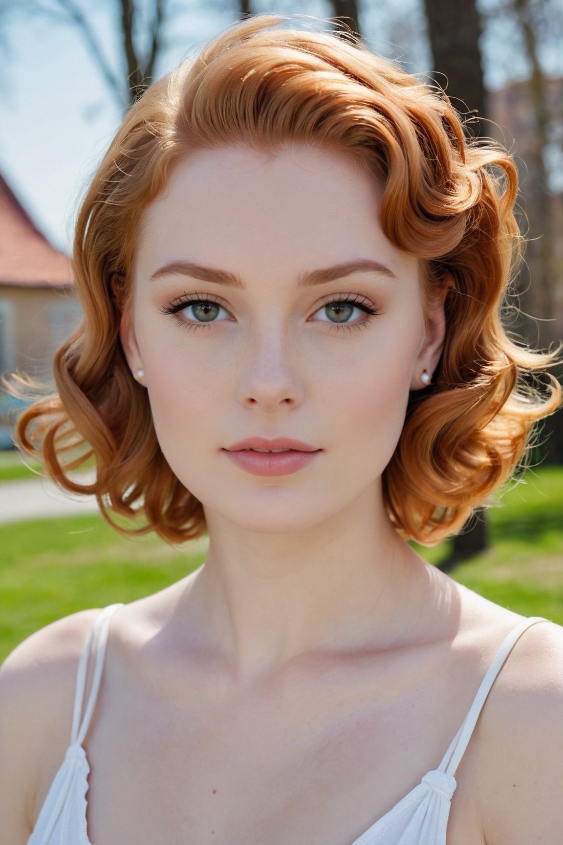 headshot,Nudity,Naked,Nude,No Clothes,Ginger hair,face similar to Grace Kelly,Russian,pale skin,Curly bob Hairstyle,Contour makeup,21 year old,Boyish_normal_breasts,headshot,Sunny Day Spring,Posing for a photo
