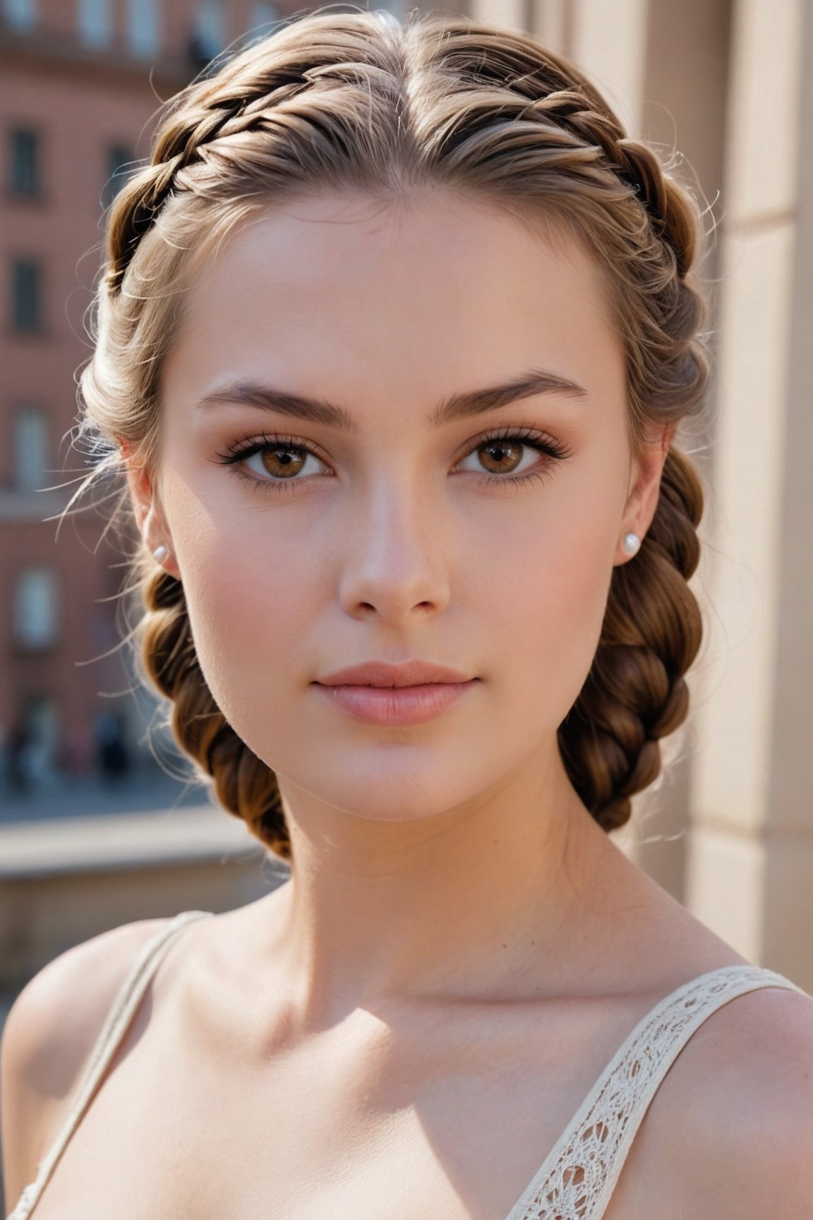 headshot,Nudity,Naked,Nude,No Clothes,Brown with highlights hair,face similar to Grace Kelly,Russian,pale skin,Braids Hairstyle,Bronzed makeup,21 year old,Boyish_normal_breasts,headshot,Sunny Day Spring,Posing for a photo

