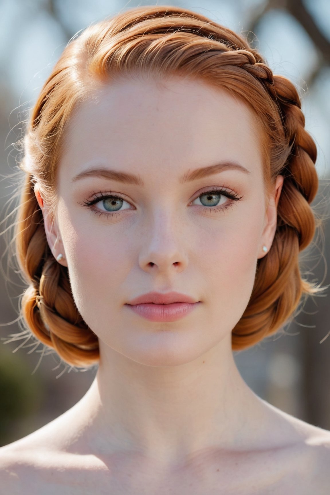 headshot,Nudity,Naked,Nude,No Clothes,Ginger hair,face similar to Grace Kelly,Russian,pale skin,Braided bob Hairstyle,Pops of color makeup,21 year old,Boyish_normal_breasts,headshot,Sunny Day Spring,Posing for a photo


