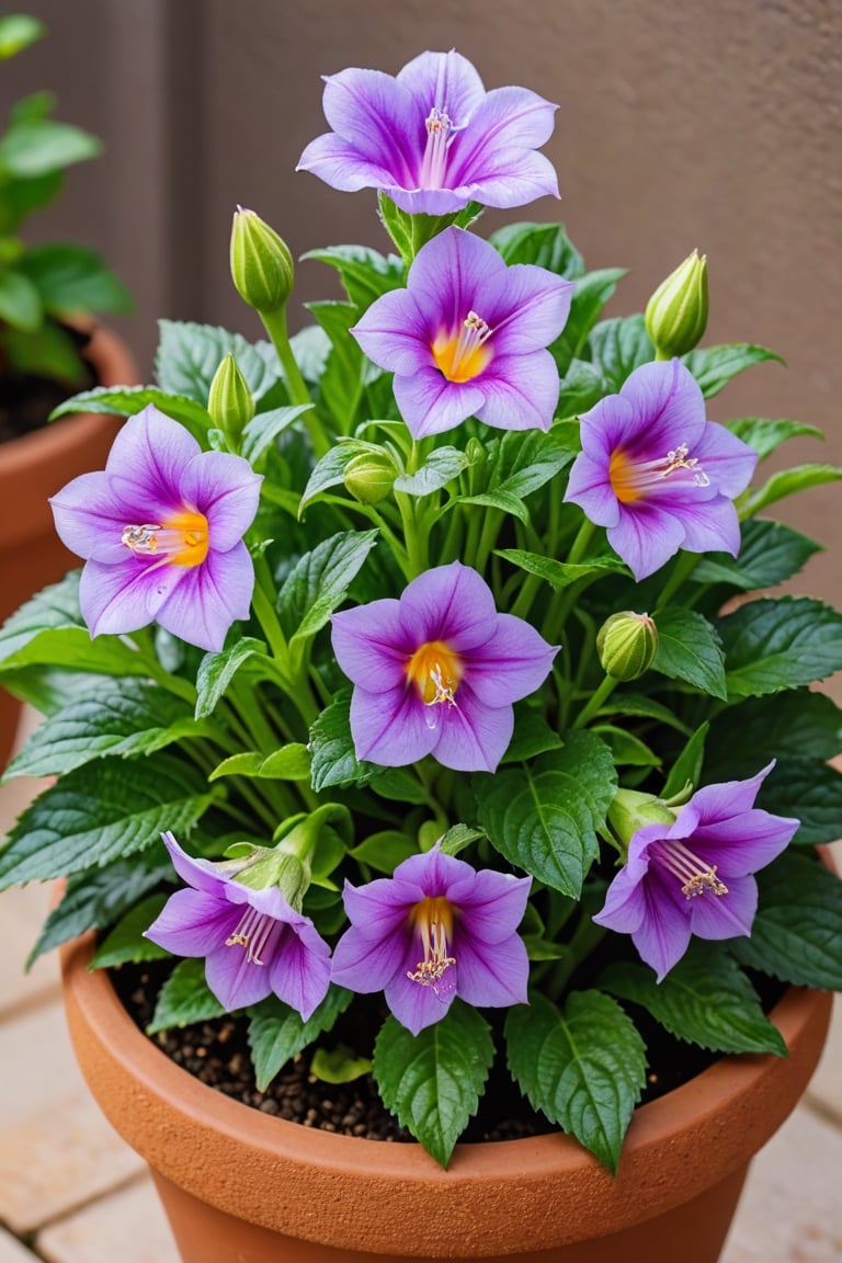 The Millennium Bell flower is in full bloom in a flower pot.
Ultra close-up photography

normal, common sense, ultra realistic, ultra detailed, Ultra-clear, close-up, Perfectly photo-like, 8K, UHD, photo r3al, ,photo r3al